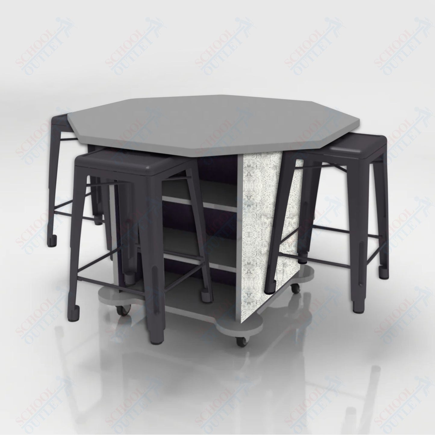 CEF Creation Cube Double-Sided Storage Table - 34"H, High-Pressure Laminate Base and Octagon Top - 4 Metal Stools Included
