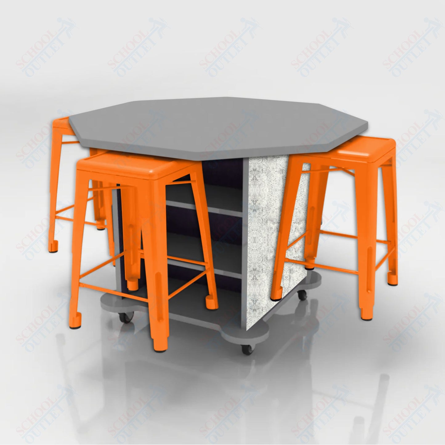 CEF Creation Cube Double-Sided Storage Table - 34"H, High-Pressure Laminate Base and Octagon Top - 4 Metal Stools Included