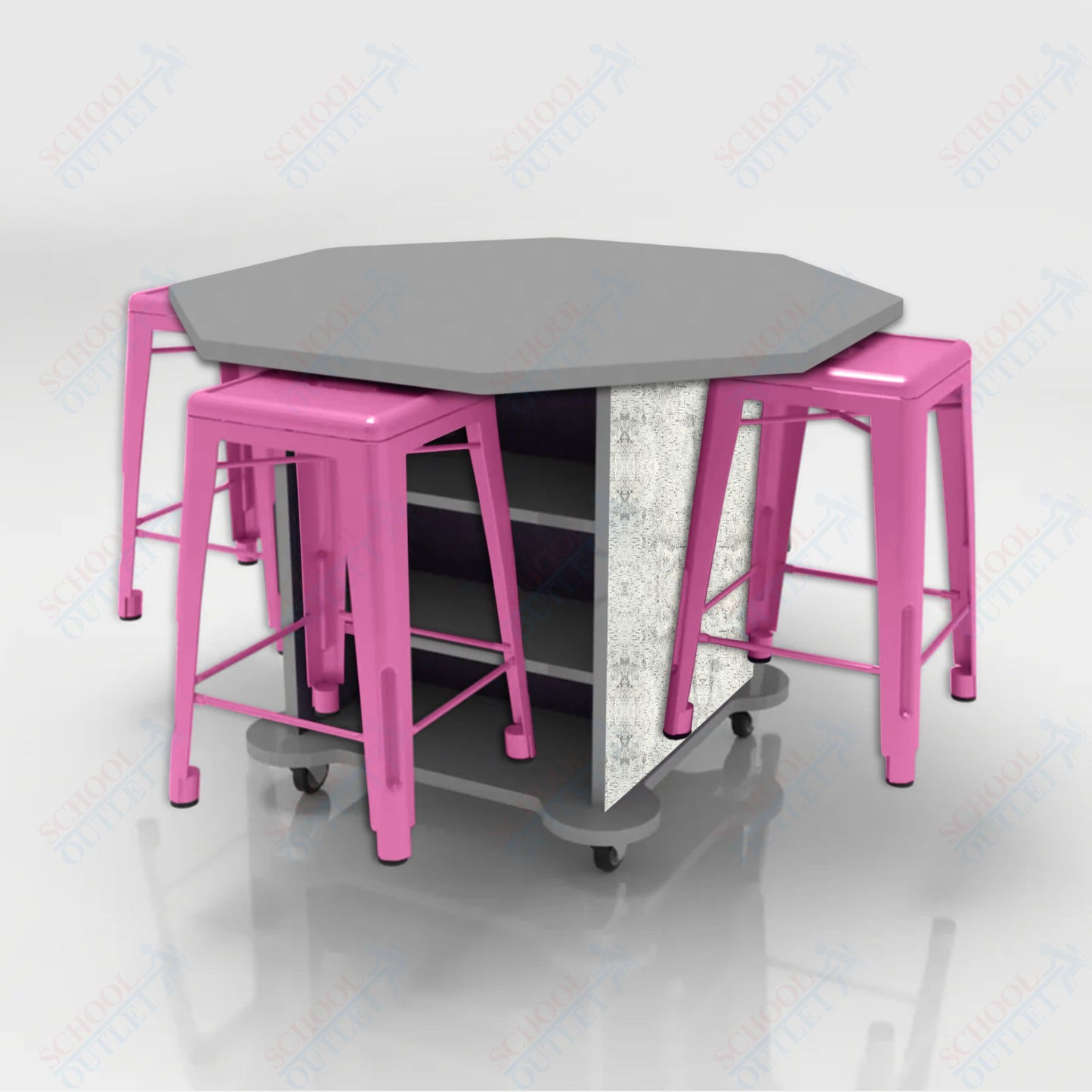 CEF Creation Cube Double-Sided Storage Table - 34"H, High-Pressure Laminate Base and Octagon Top - 4 Metal Stools Included
