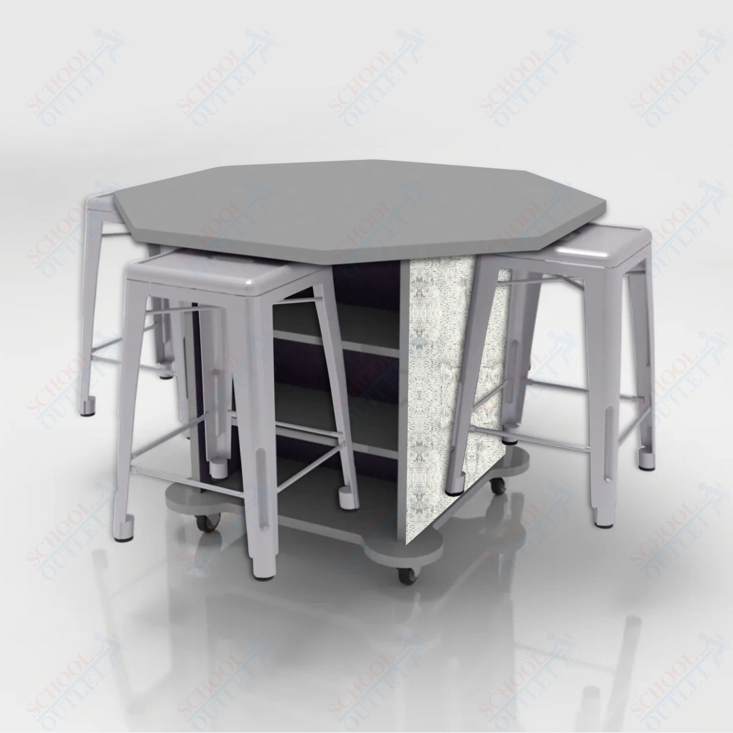 CEF Creation Cube Double-Sided Storage Table - 34"H, High-Pressure Laminate Base and Octagon Top - 4 Metal Stools Included