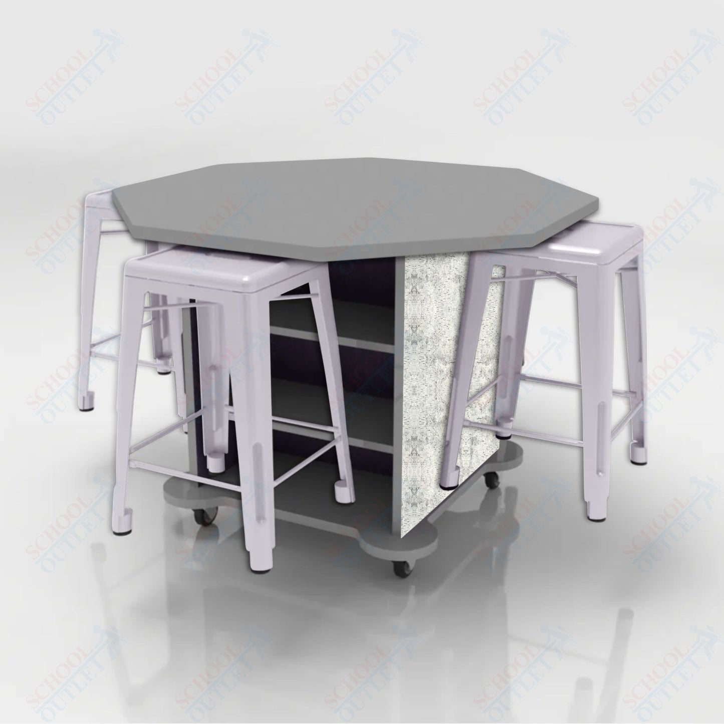 CEF Creation Cube Double-Sided Storage Table - 34"H, High-Pressure Laminate Base and Octagon Top - 4 Metal Stools Included