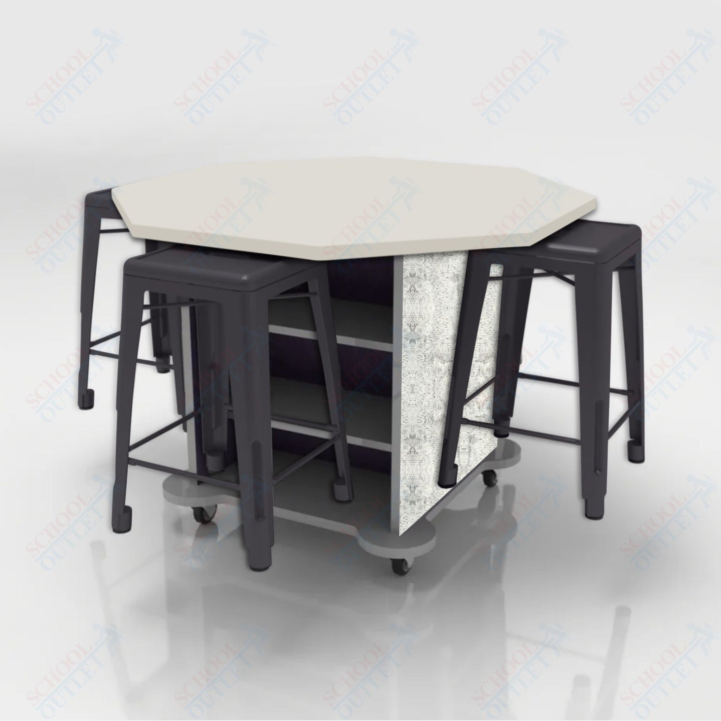 CEF Creation Cube Double-Sided Storage Table - 34"H, High-Pressure Laminate Base and Octagon Top - 4 Metal Stools Included