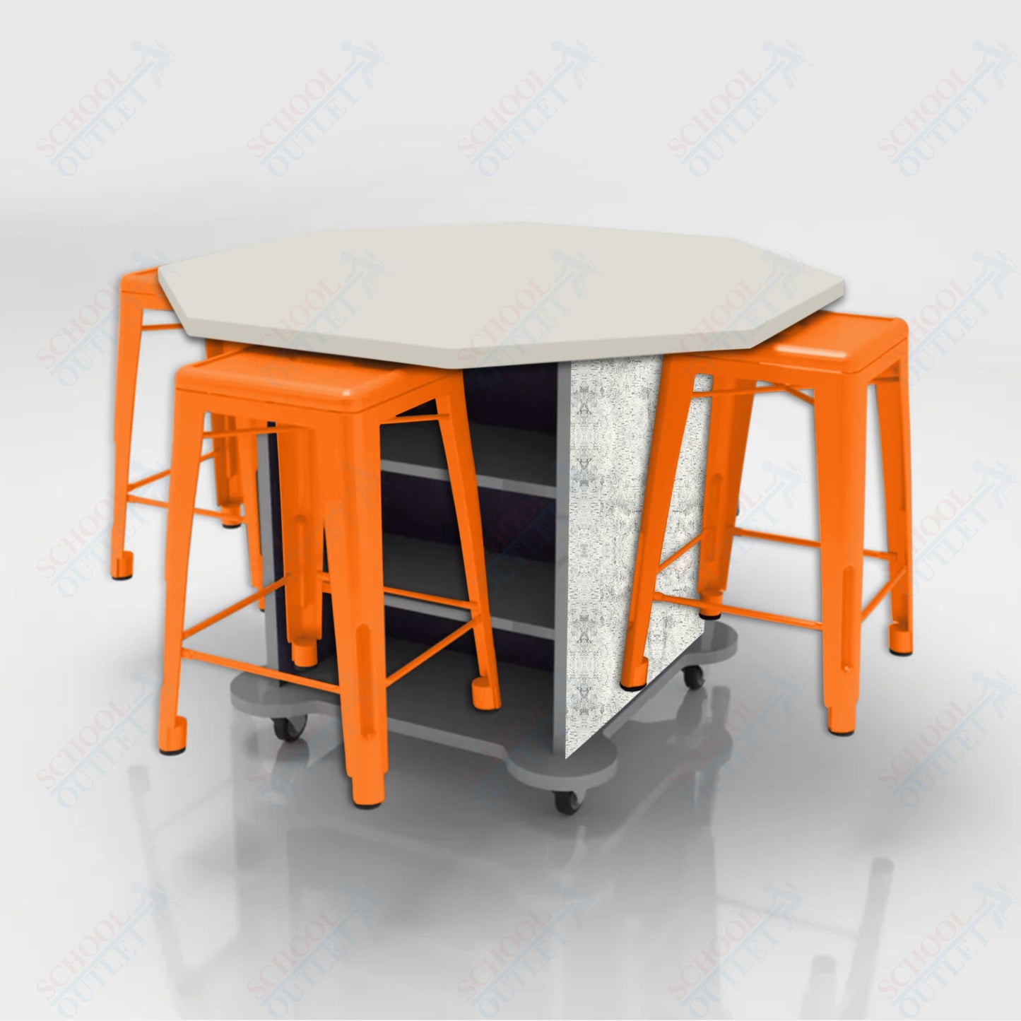 CEF Creation Cube Double-Sided Storage Table - 34"H, High-Pressure Laminate Base and Octagon Top - 4 Metal Stools Included