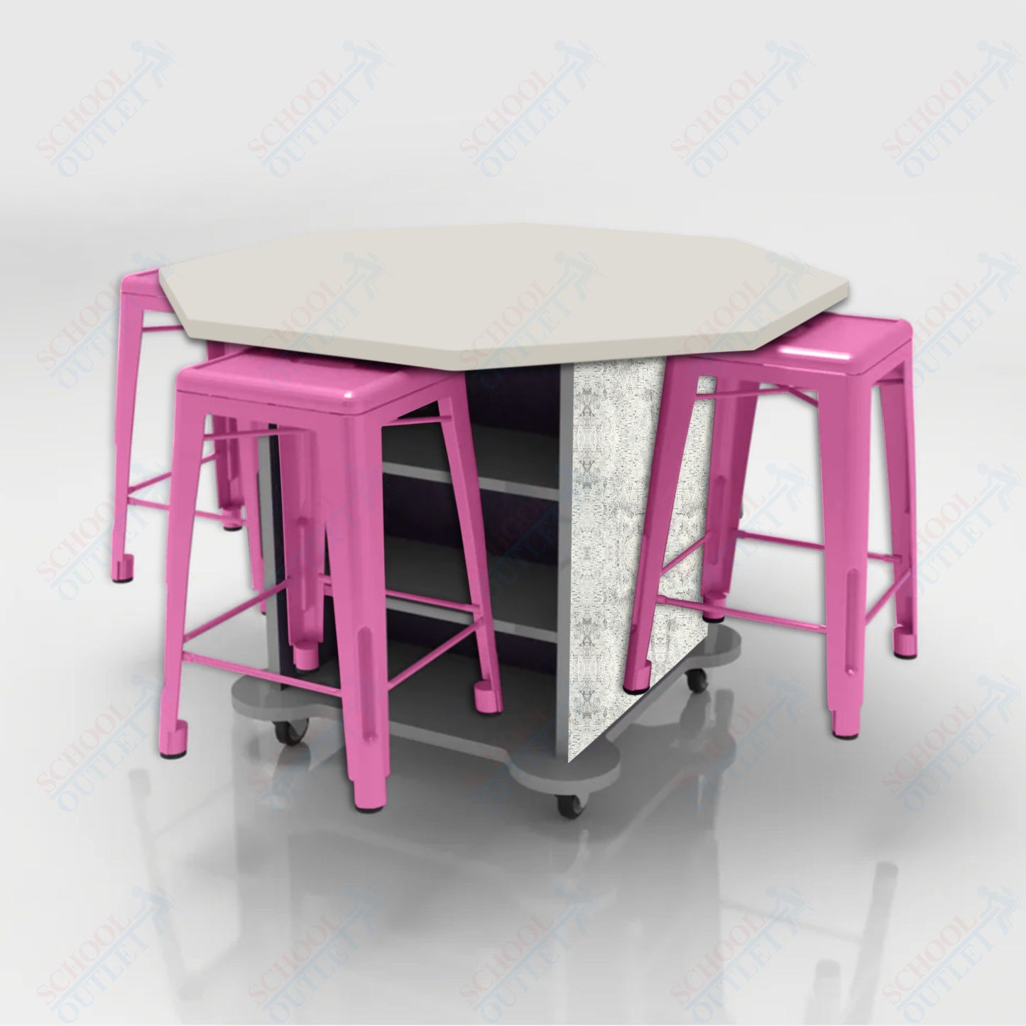 CEF Creation Cube Double-Sided Storage Table - 34"H, High-Pressure Laminate Base and Octagon Top - 4 Metal Stools Included