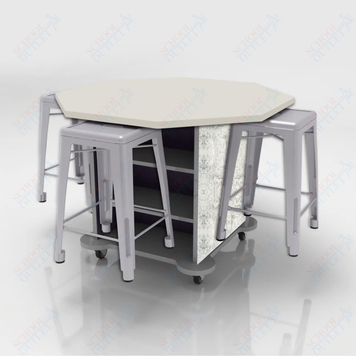 CEF Creation Cube Double-Sided Storage Table - 34"H, High-Pressure Laminate Base and Octagon Top - 4 Metal Stools Included