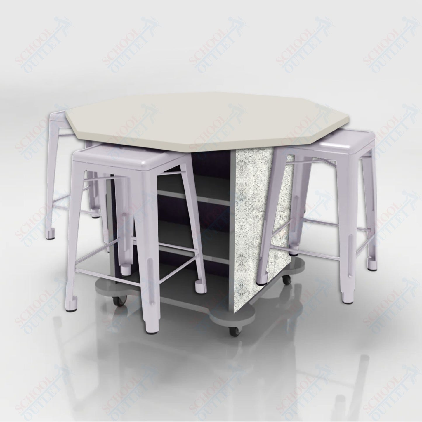 CEF Creation Cube Double-Sided Storage Table - 34"H, High-Pressure Laminate Base and Octagon Top - 4 Metal Stools Included