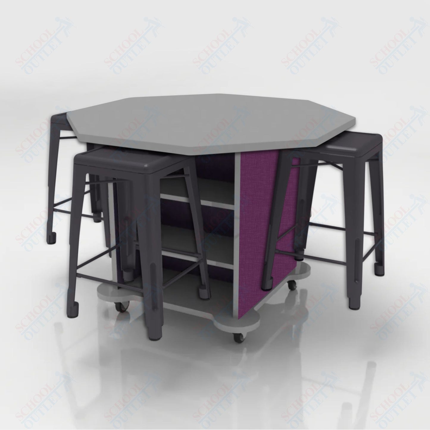 CEF Creation Cube Double-Sided Storage Table - 34"H, High-Pressure Laminate Base and Octagon Top - 4 Metal Stools Included