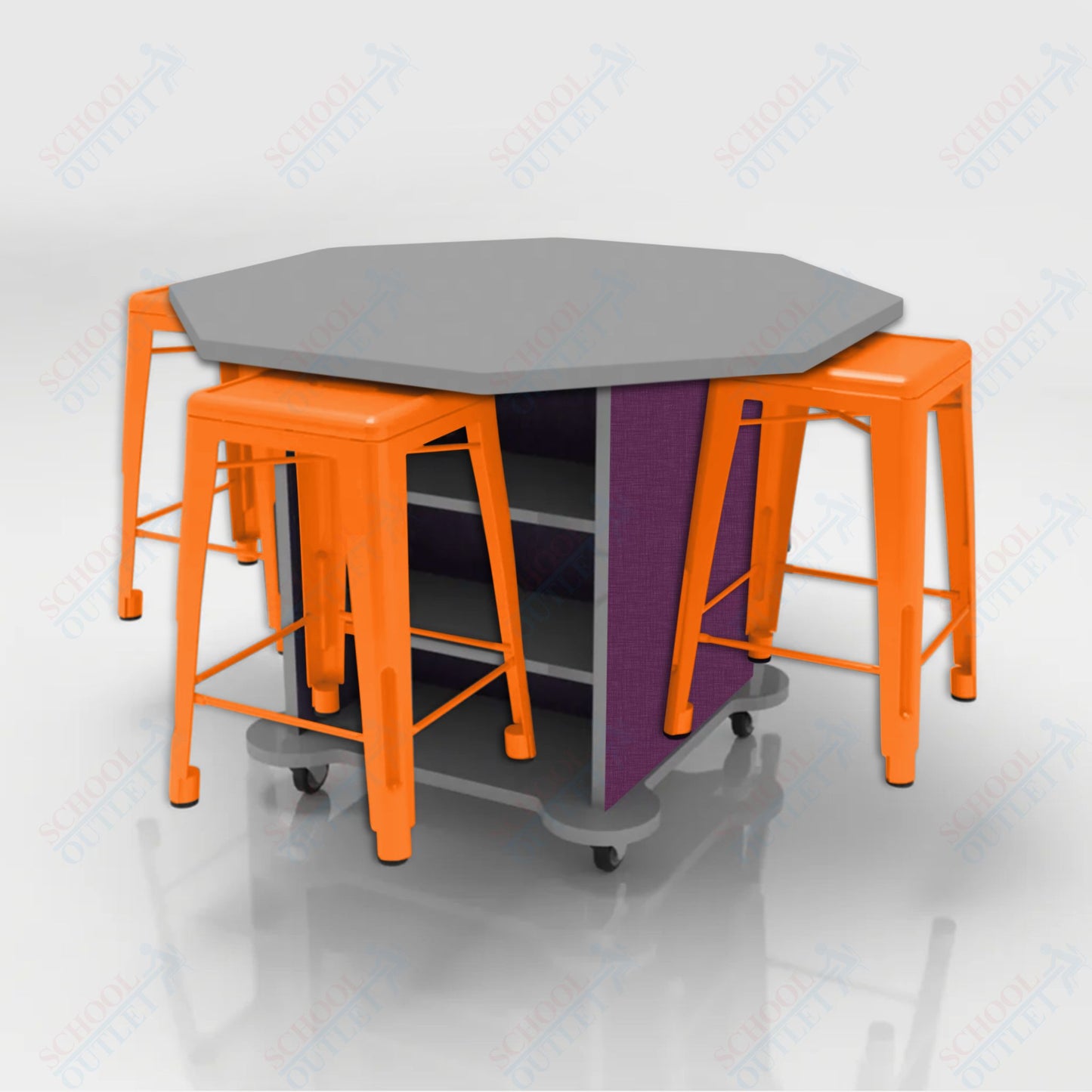 CEF Creation Cube Double-Sided Storage Table - 34"H, High-Pressure Laminate Base and Octagon Top - 4 Metal Stools Included