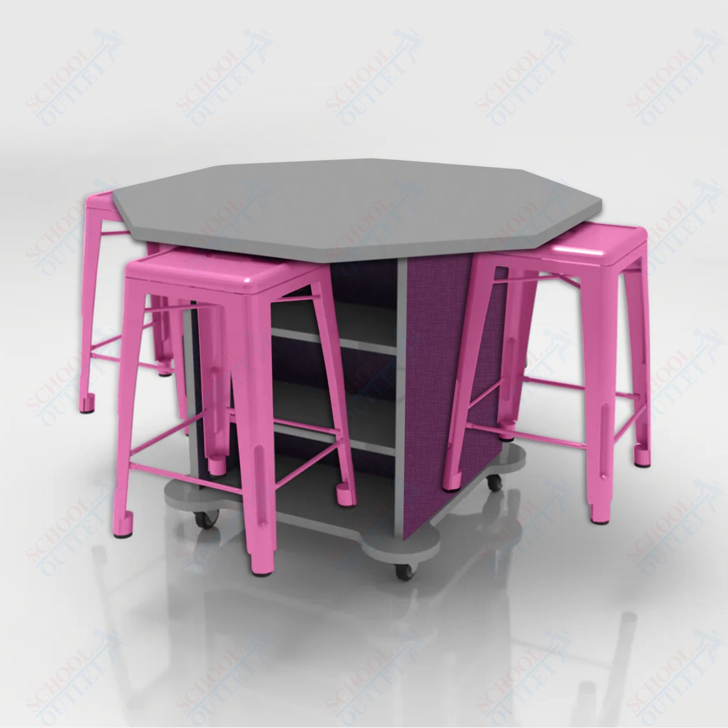 CEF Creation Cube Double-Sided Storage Table - 34"H, High-Pressure Laminate Base and Octagon Top - 4 Metal Stools Included