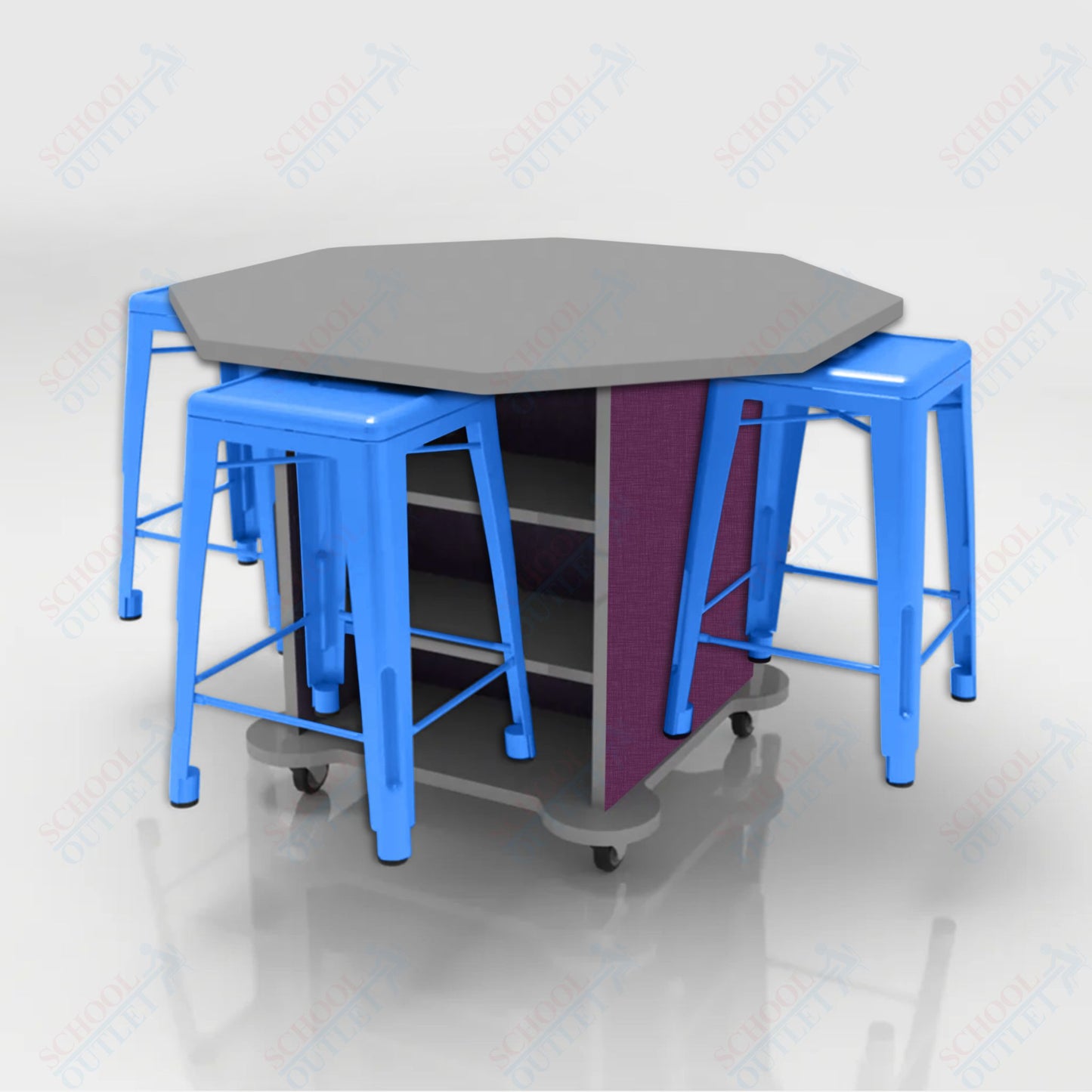 CEF Creation Cube Double-Sided Storage Table - 34"H, High-Pressure Laminate Base and Octagon Top - 4 Metal Stools Included