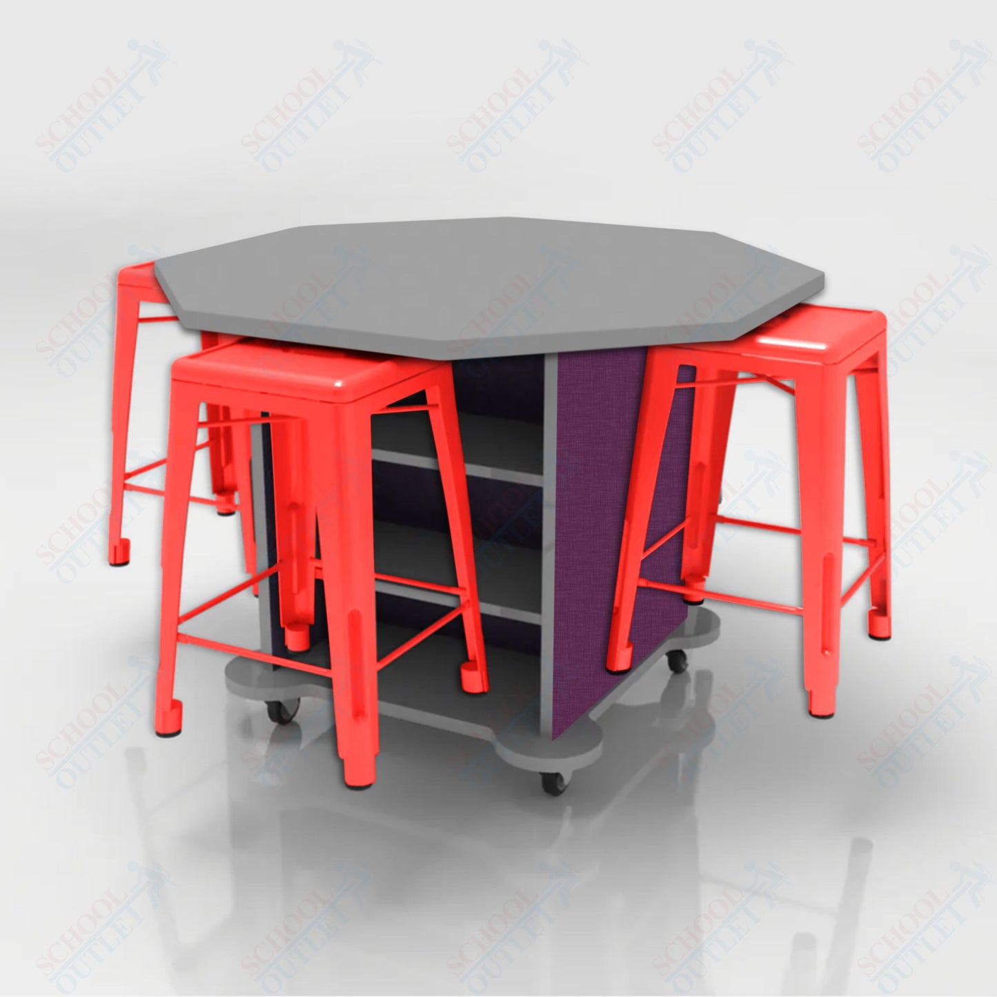 CEF Creation Cube Double-Sided Storage Table - 34"H, High-Pressure Laminate Base and Octagon Top - 4 Metal Stools Included