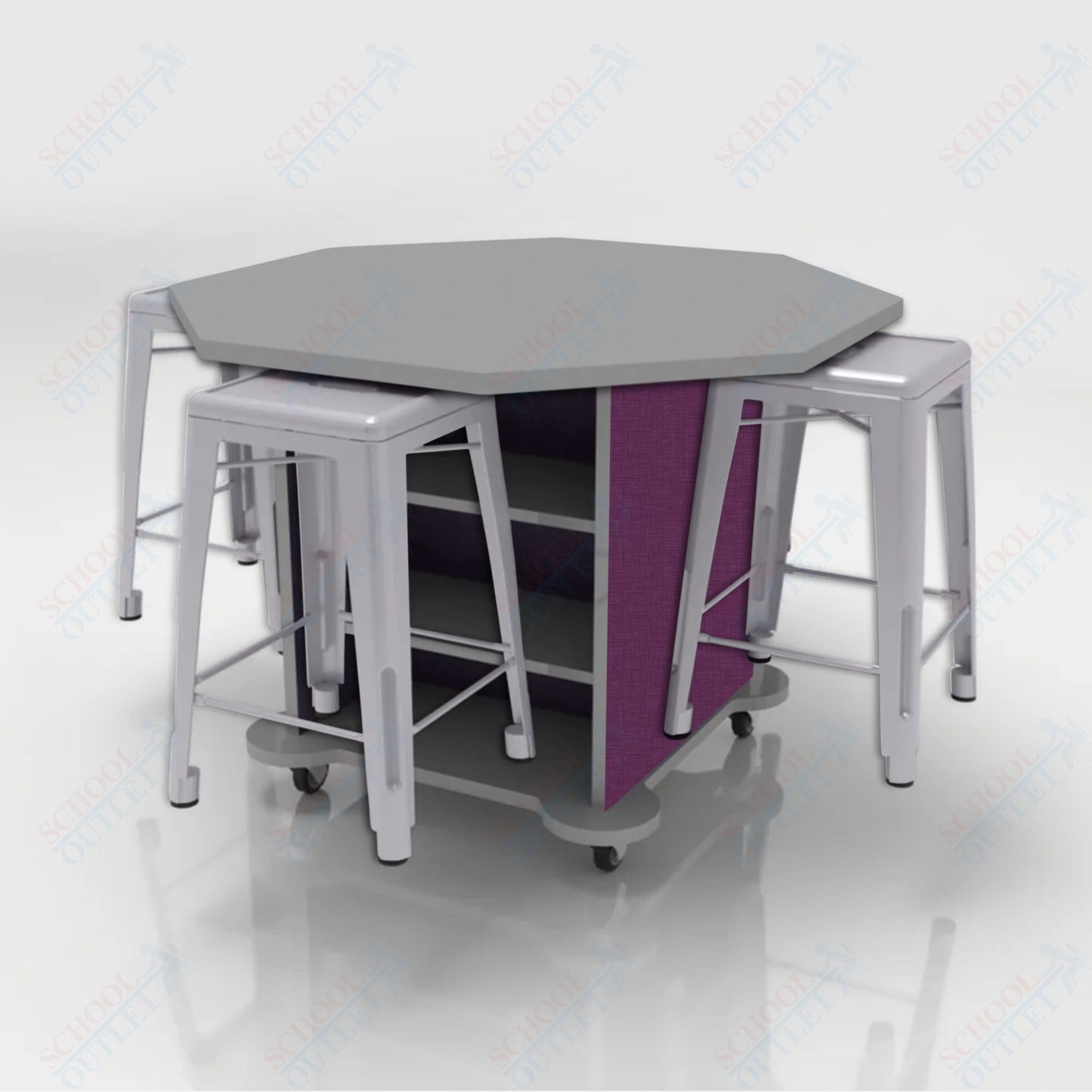 CEF Creation Cube Double-Sided Storage Table - 34"H, High-Pressure Laminate Base and Octagon Top - 4 Metal Stools Included