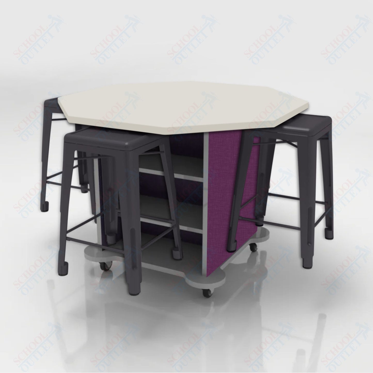 CEF Creation Cube Double-Sided Storage Table - 34"H, High-Pressure Laminate Base and Octagon Top - 4 Metal Stools Included