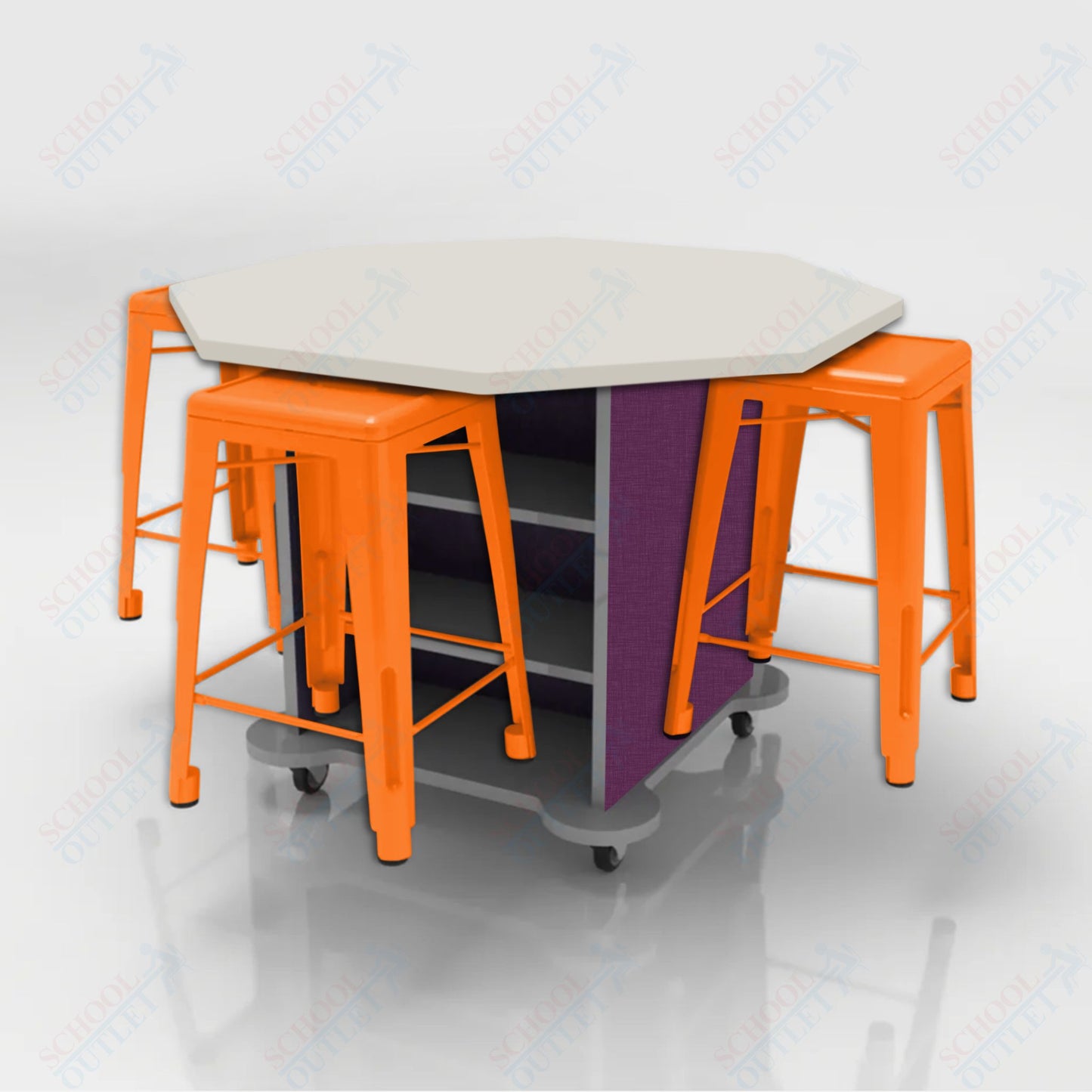 CEF Creation Cube Double-Sided Storage Table - 34"H, High-Pressure Laminate Base and Octagon Top - 4 Metal Stools Included