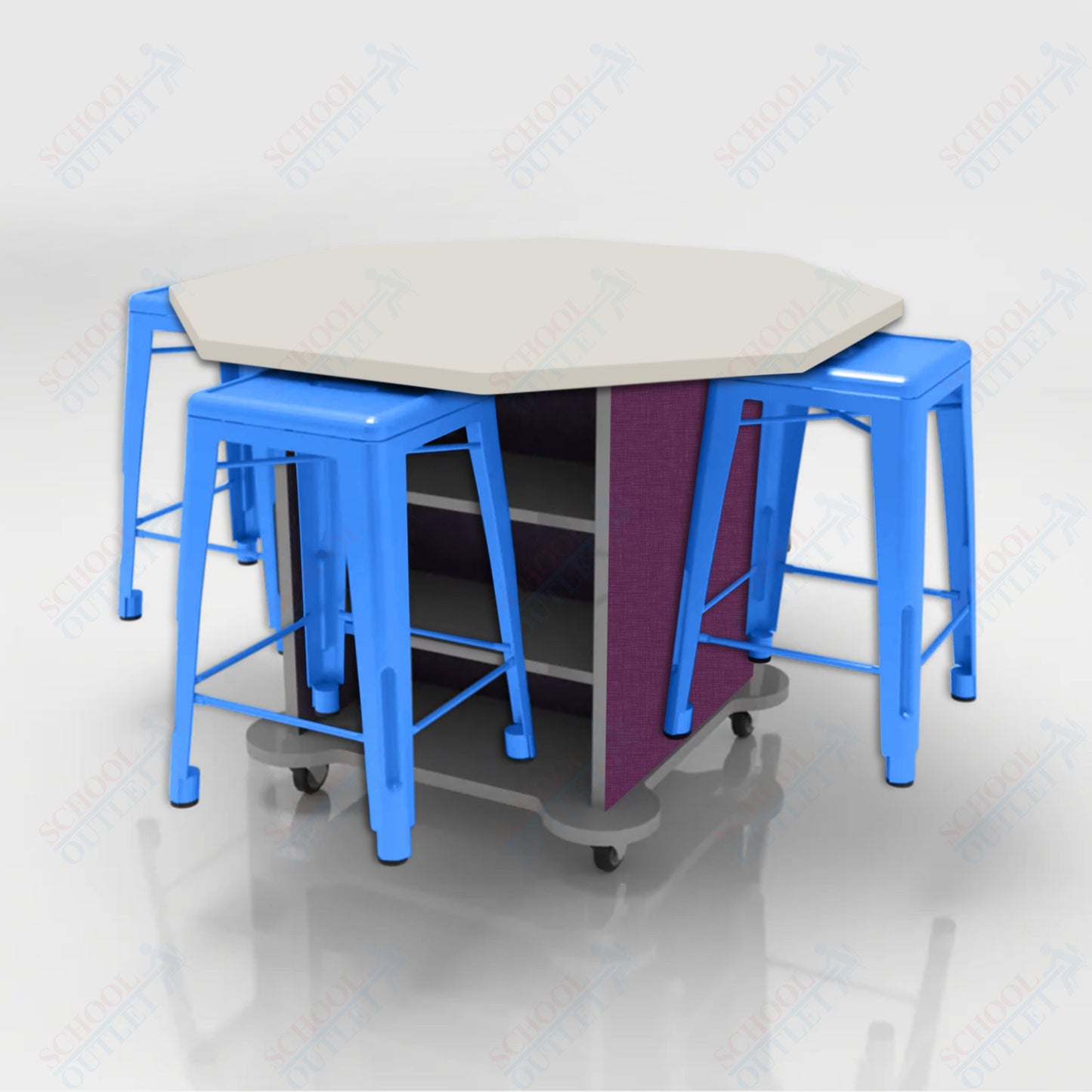 CEF Creation Cube Double-Sided Storage Table - 34"H, High-Pressure Laminate Base and Octagon Top - 4 Metal Stools Included