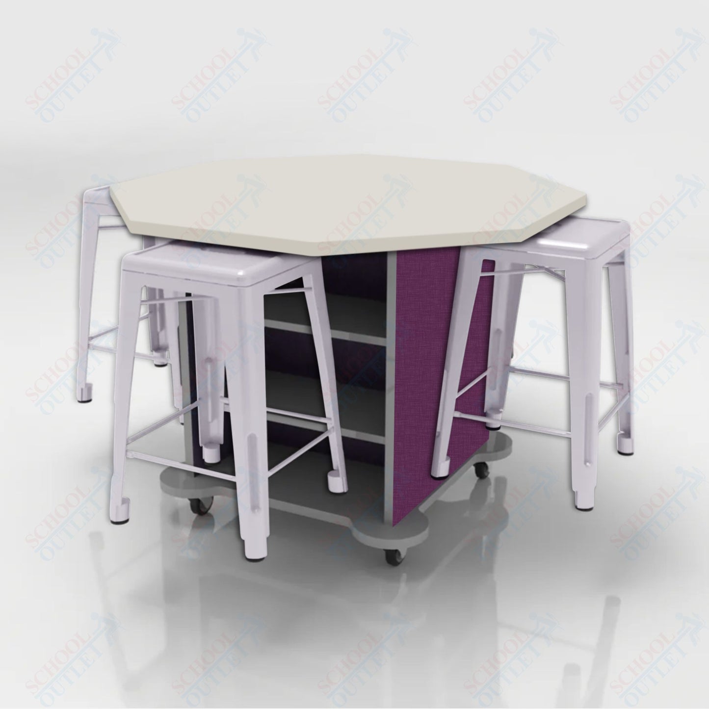 CEF Creation Cube Double-Sided Storage Table - 34"H, High-Pressure Laminate Base and Octagon Top - 4 Metal Stools Included