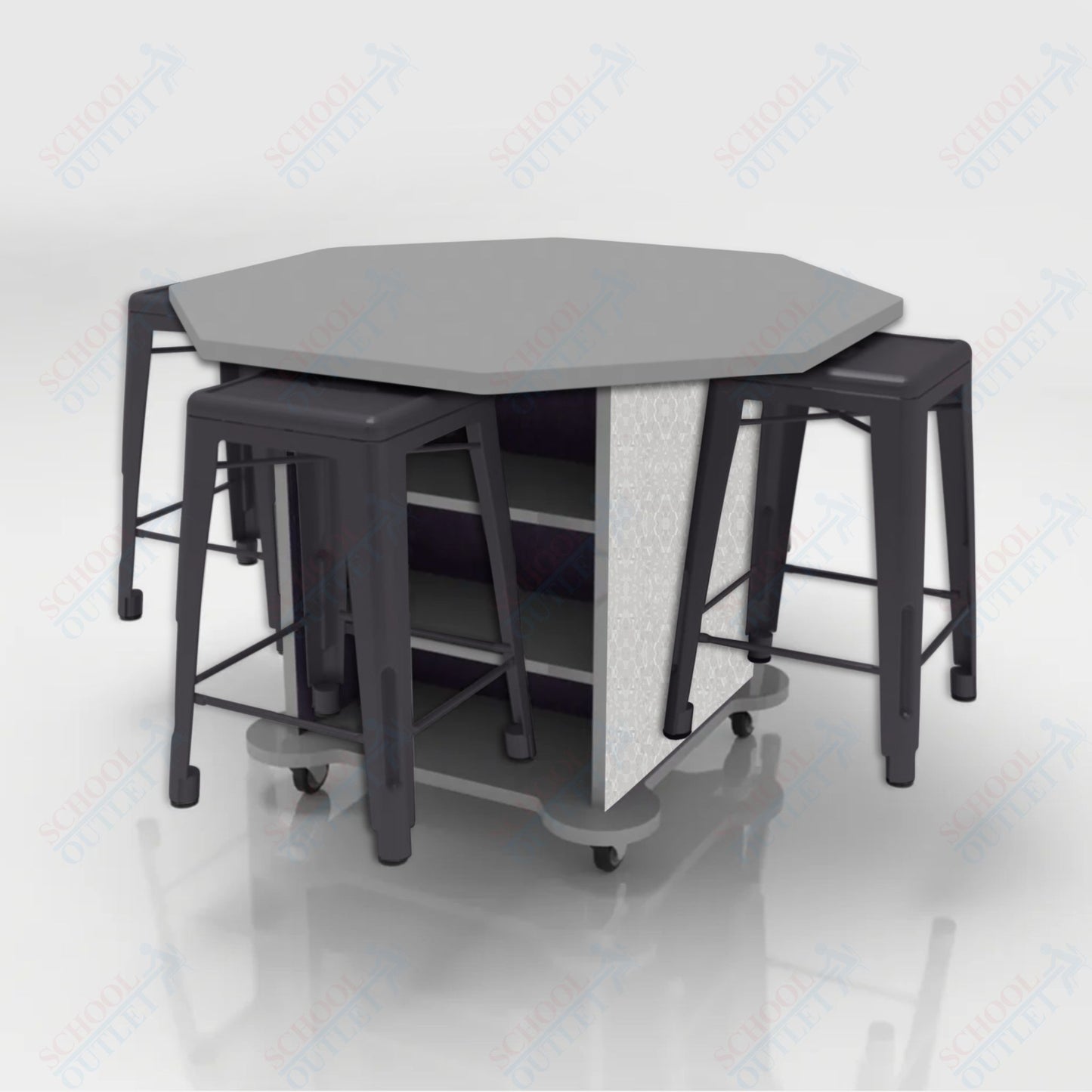 CEF Creation Cube Double-Sided Storage Table - 34"H, High-Pressure Laminate Base and Octagon Top - 4 Metal Stools Included