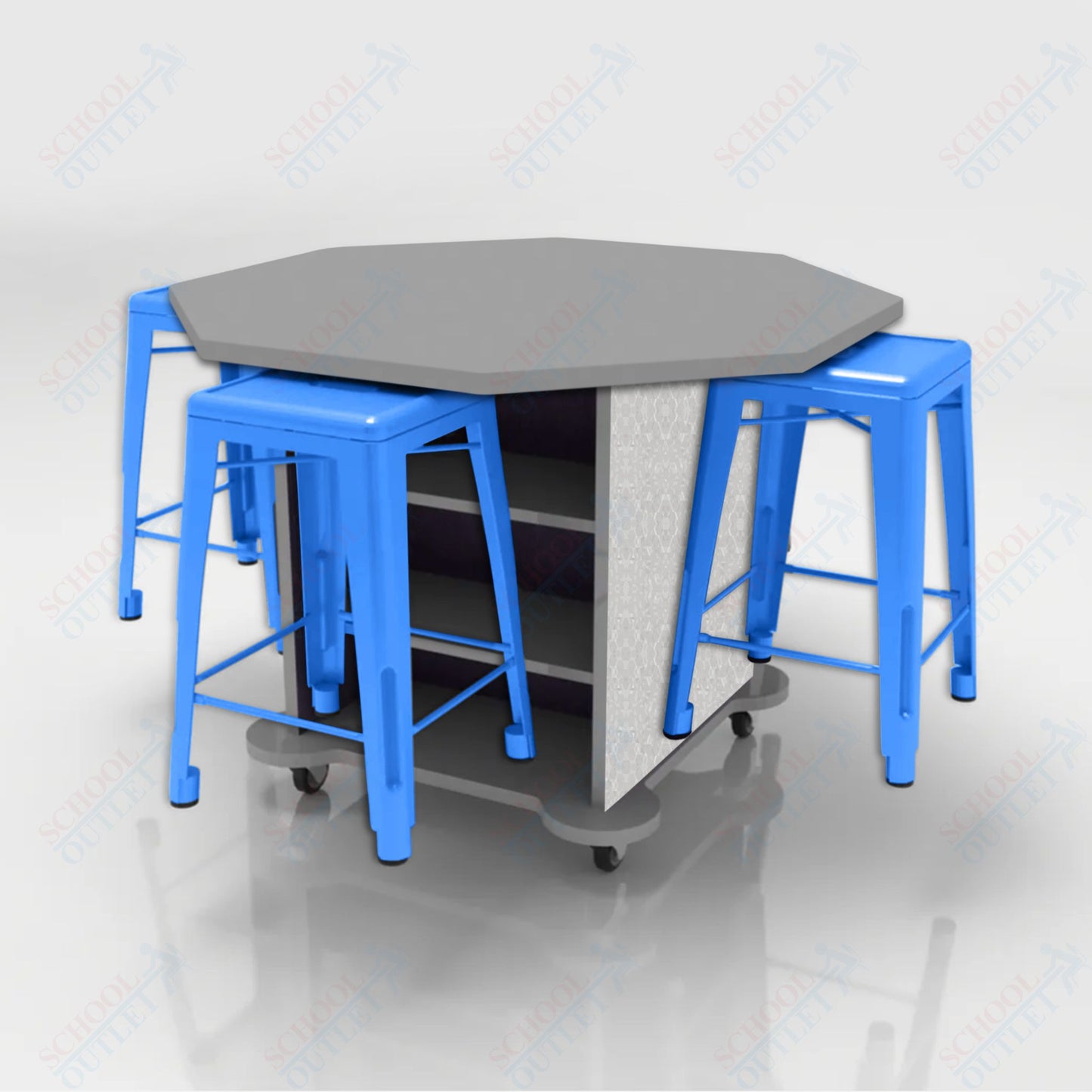 CEF Creation Cube Double-Sided Storage Table - 34"H, High-Pressure Laminate Base and Octagon Top - 4 Metal Stools Included