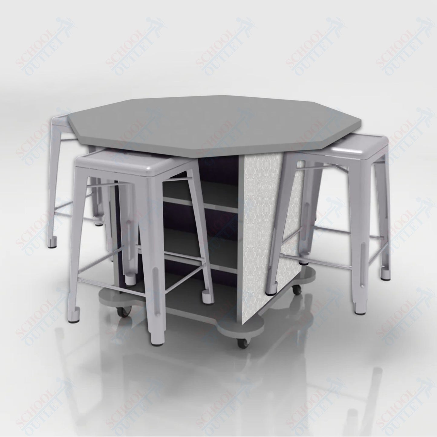 CEF Creation Cube Double-Sided Storage Table - 34"H, High-Pressure Laminate Base and Octagon Top - 4 Metal Stools Included
