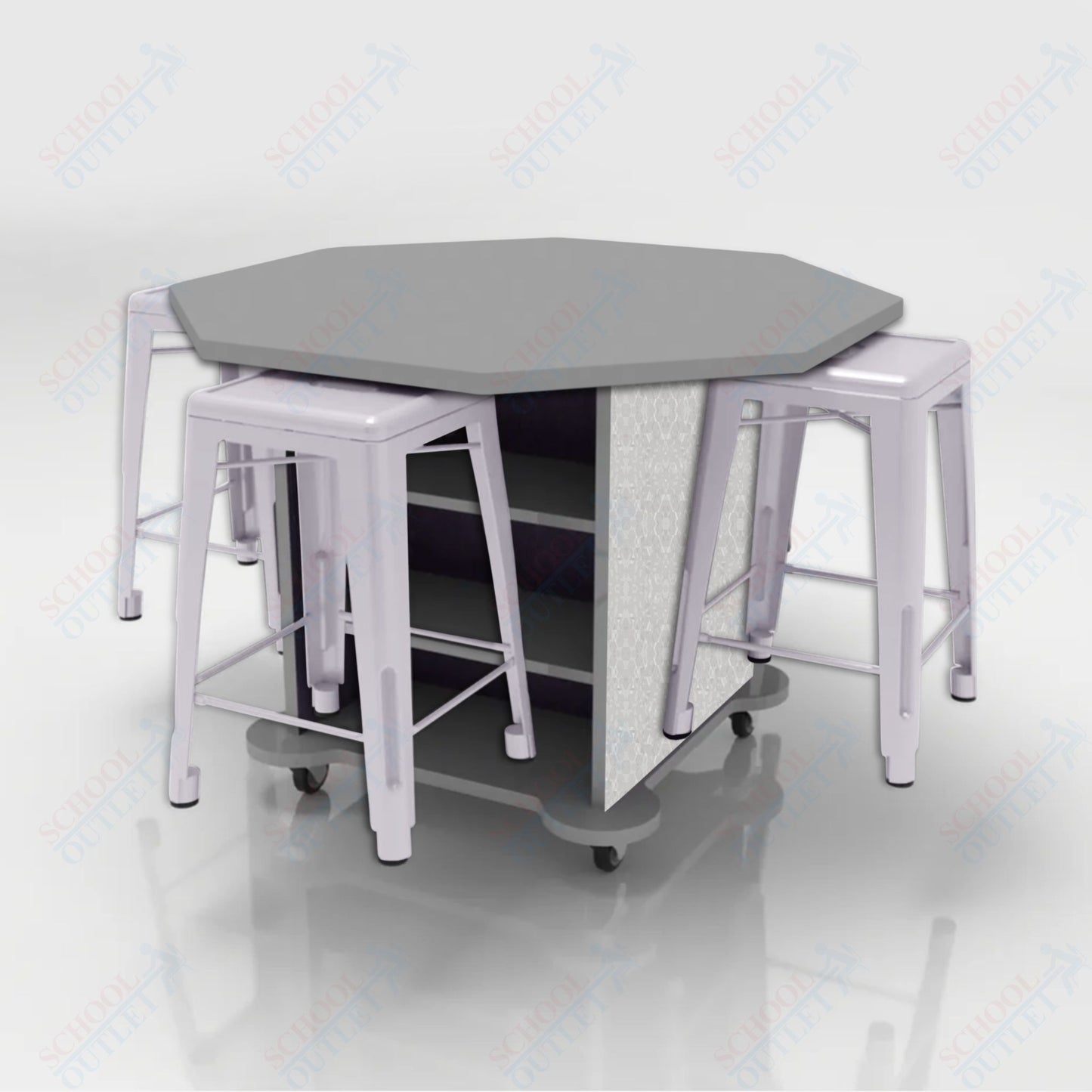 CEF Creation Cube Double-Sided Storage Table - 34"H, High-Pressure Laminate Base and Octagon Top - 4 Metal Stools Included