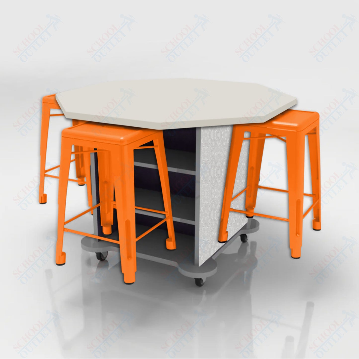 CEF Creation Cube Double-Sided Storage Table - 34"H, High-Pressure Laminate Base and Octagon Top - 4 Metal Stools Included