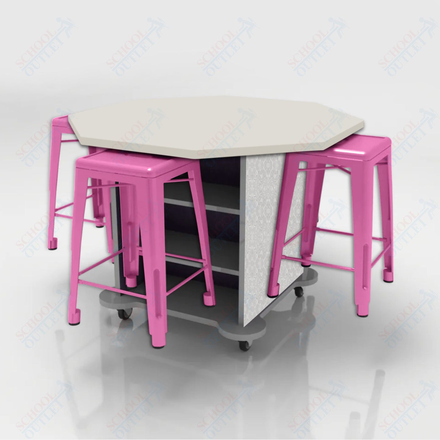 CEF Creation Cube Double-Sided Storage Table - 34"H, High-Pressure Laminate Base and Octagon Top - 4 Metal Stools Included