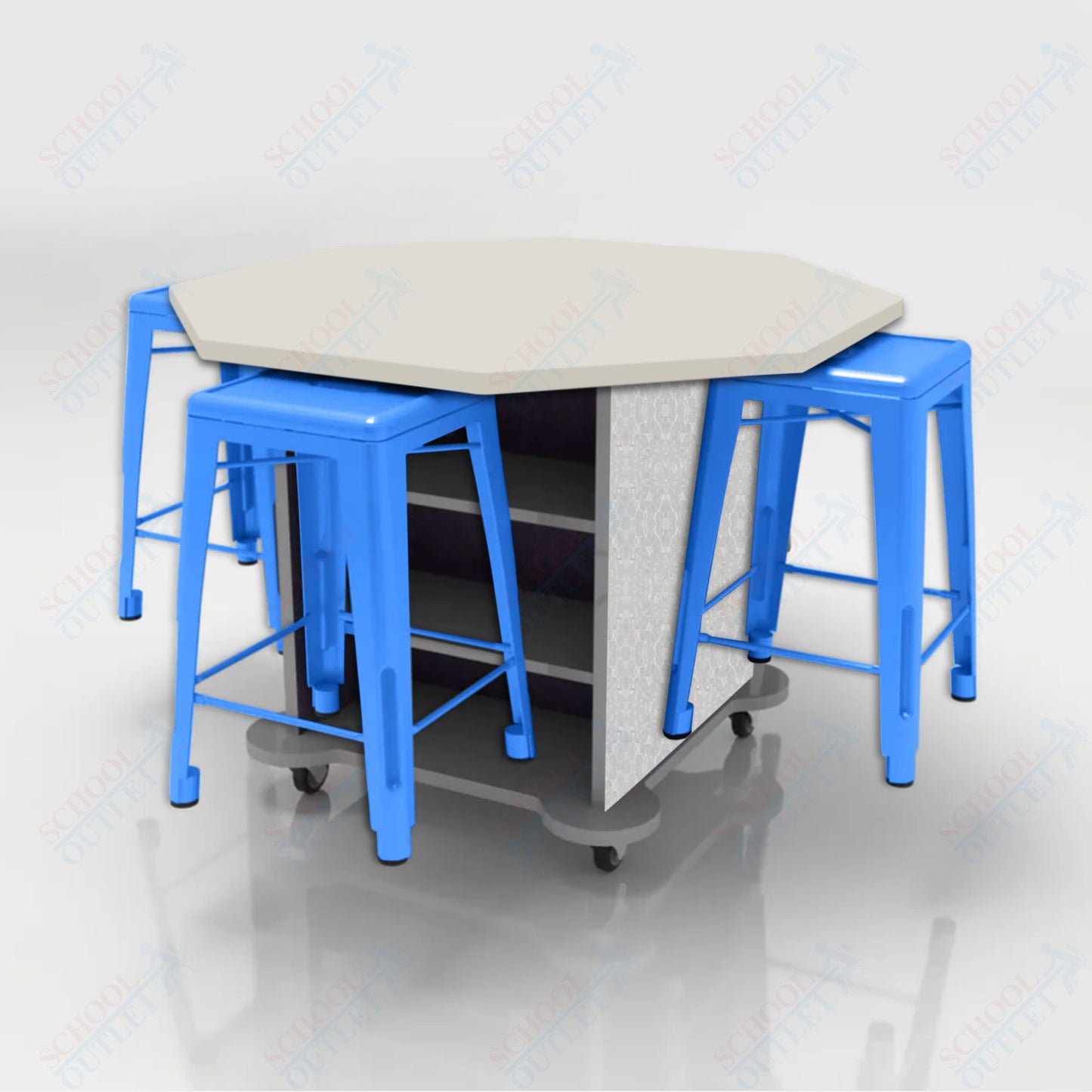 CEF Creation Cube Double-Sided Storage Table - 34"H, High-Pressure Laminate Base and Octagon Top - 4 Metal Stools Included