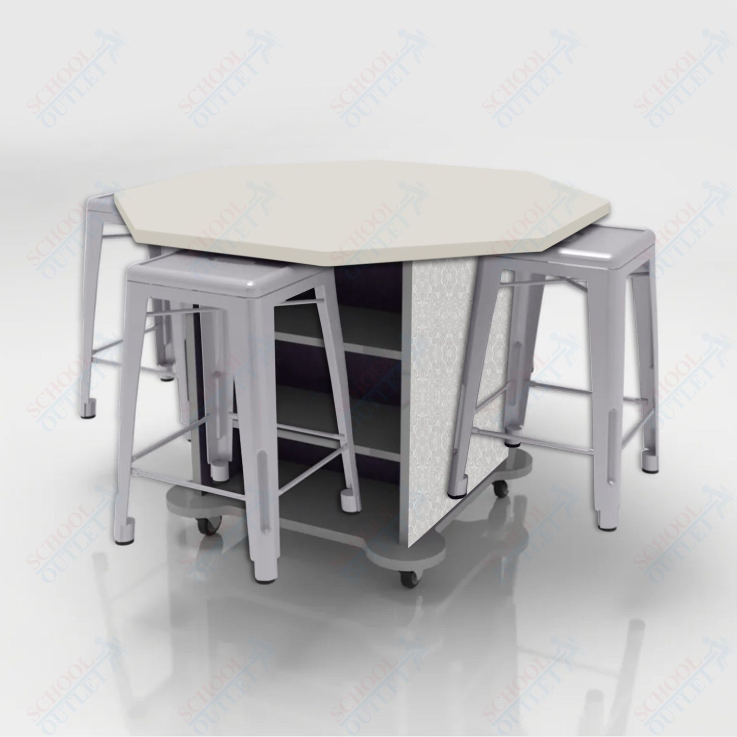 CEF Creation Cube Double-Sided Storage Table - 34"H, High-Pressure Laminate Base and Octagon Top - 4 Metal Stools Included
