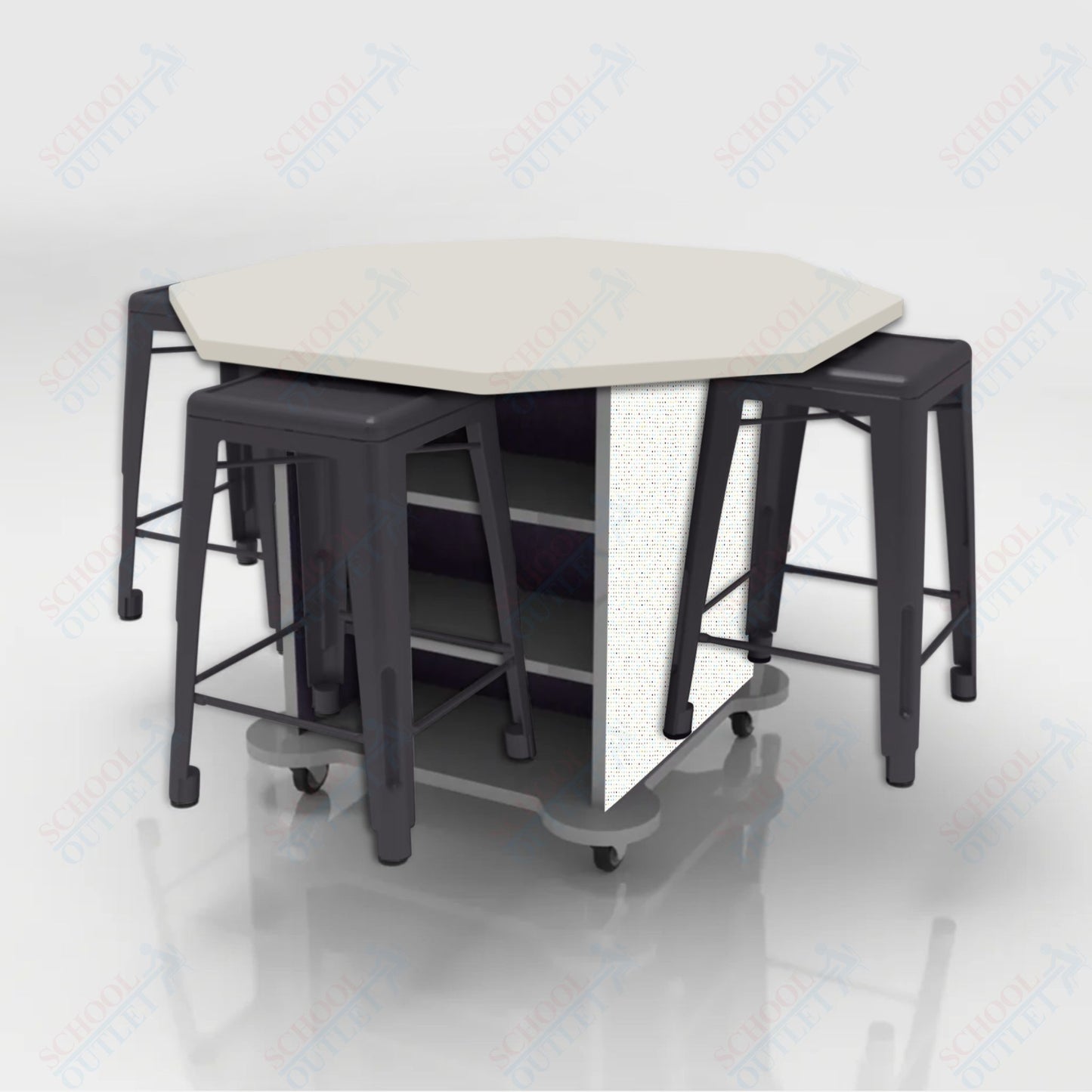 CEF Creation Cube Double-Sided Storage Table - 34"H, High-Pressure Laminate Base and Octagon Top - 4 Metal Stools Included