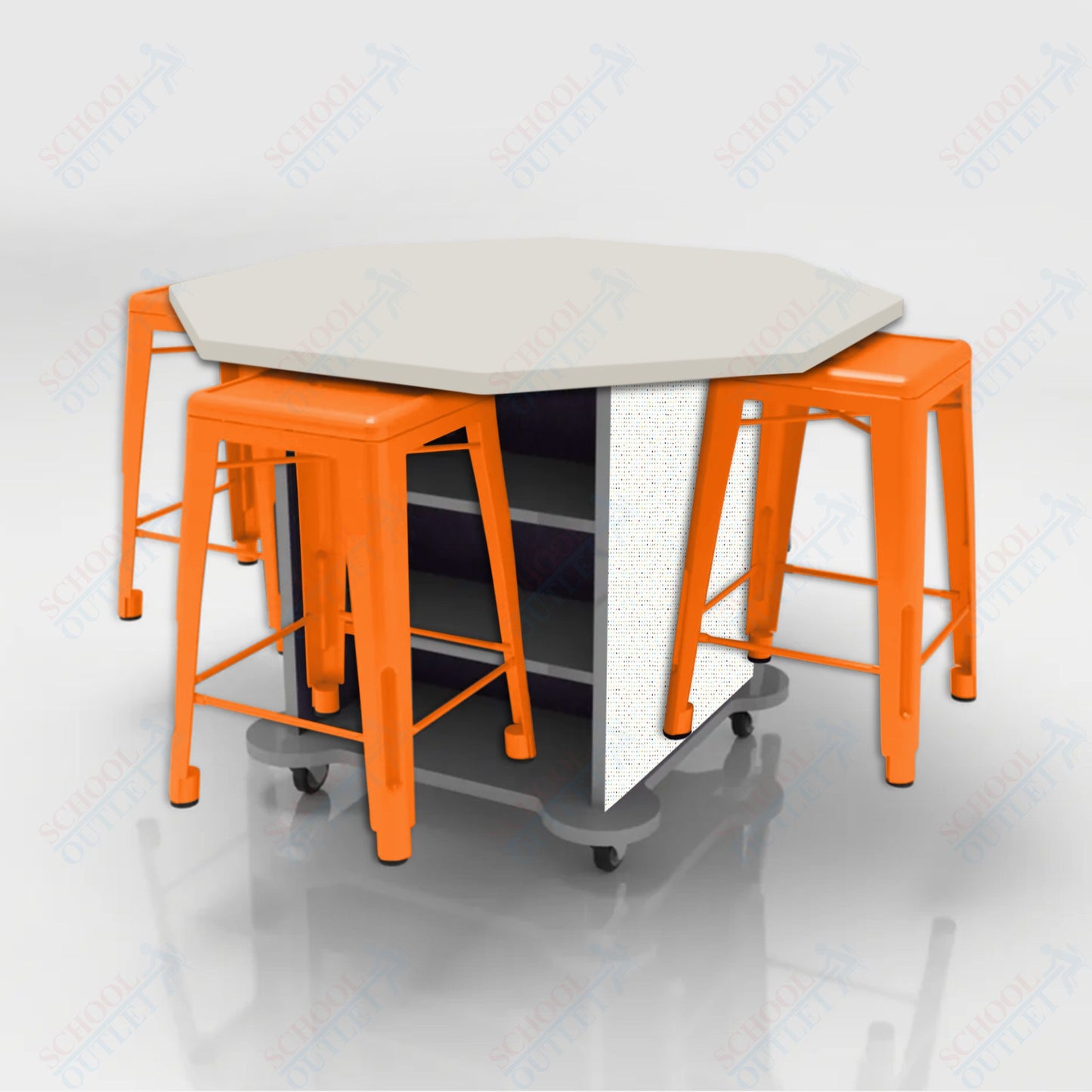 CEF Creation Cube Double-Sided Storage Table - 34"H, High-Pressure Laminate Base and Octagon Top - 4 Metal Stools Included