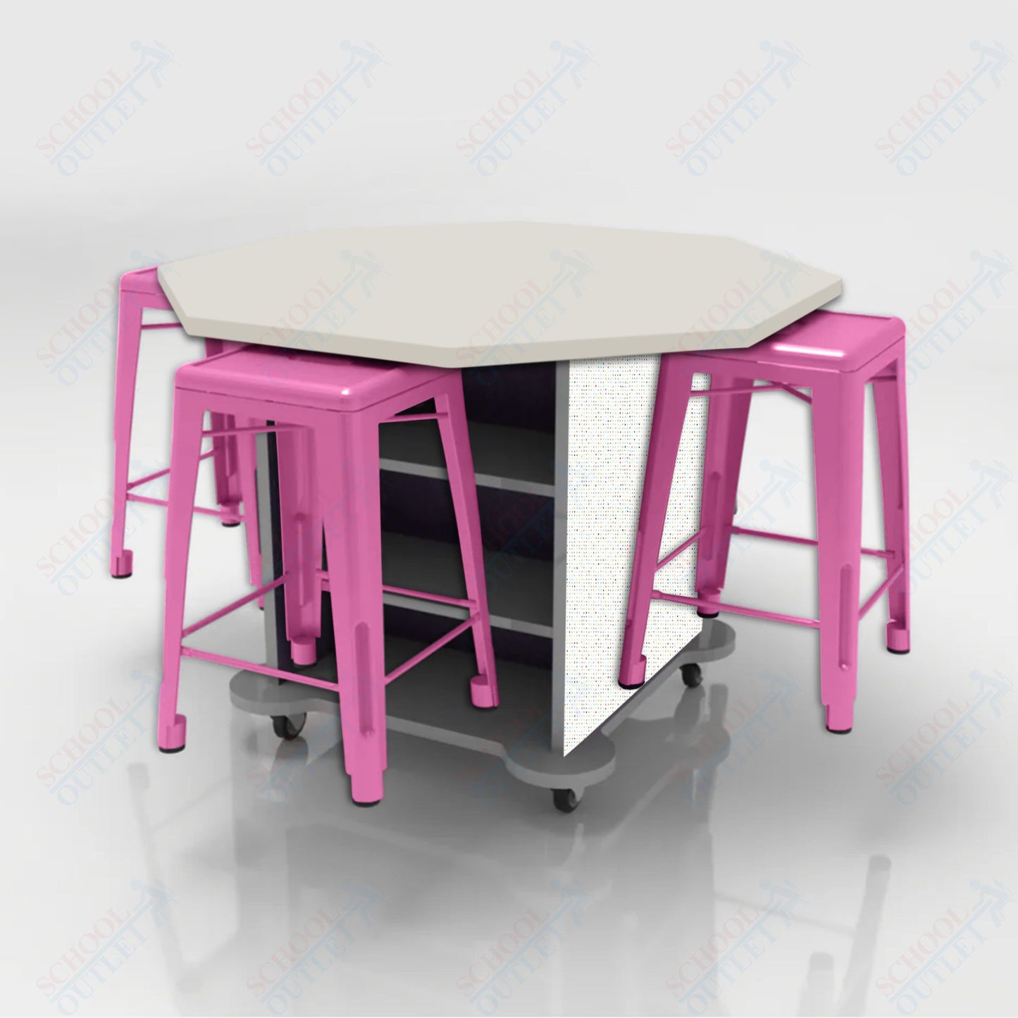 CEF Creation Cube Double-Sided Storage Table - 34"H, High-Pressure Laminate Base and Octagon Top - 4 Metal Stools Included