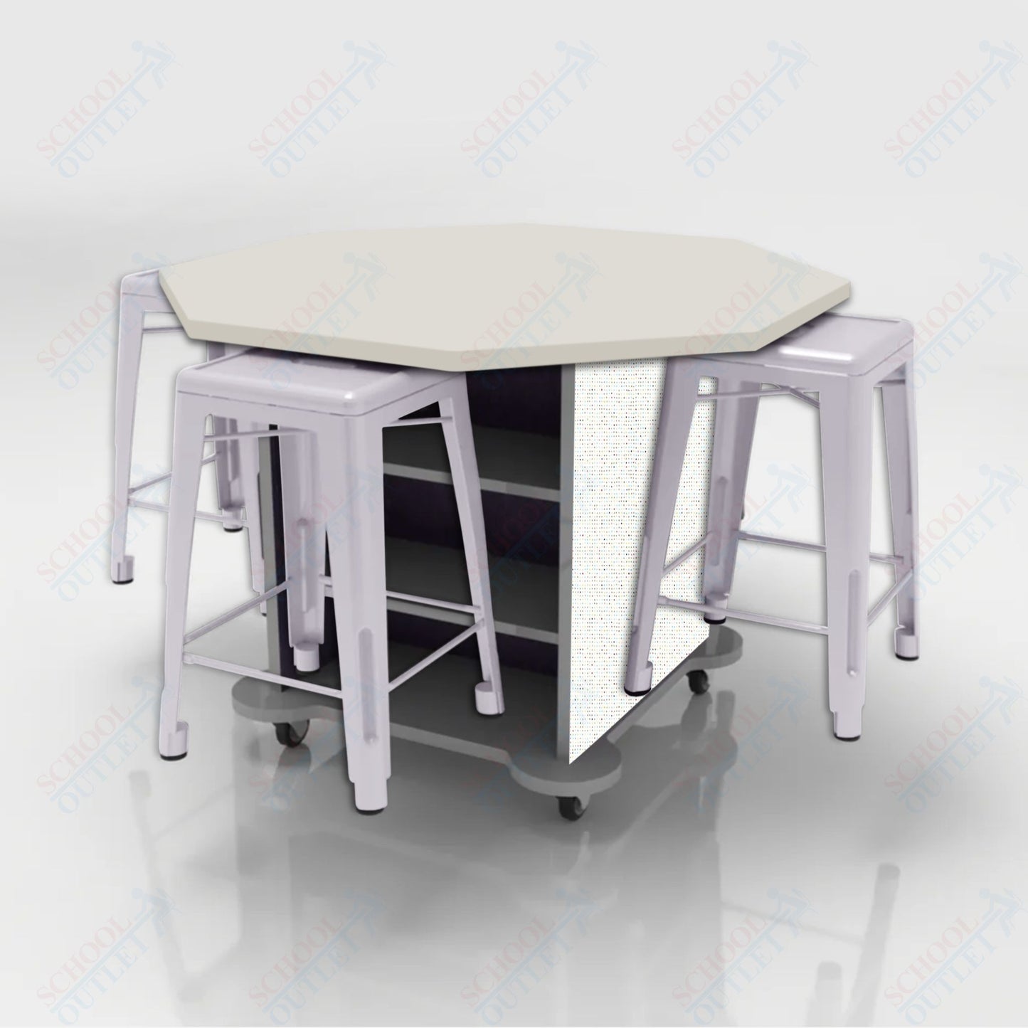 CEF Creation Cube Double-Sided Storage Table - 34"H, High-Pressure Laminate Base and Octagon Top - 4 Metal Stools Included