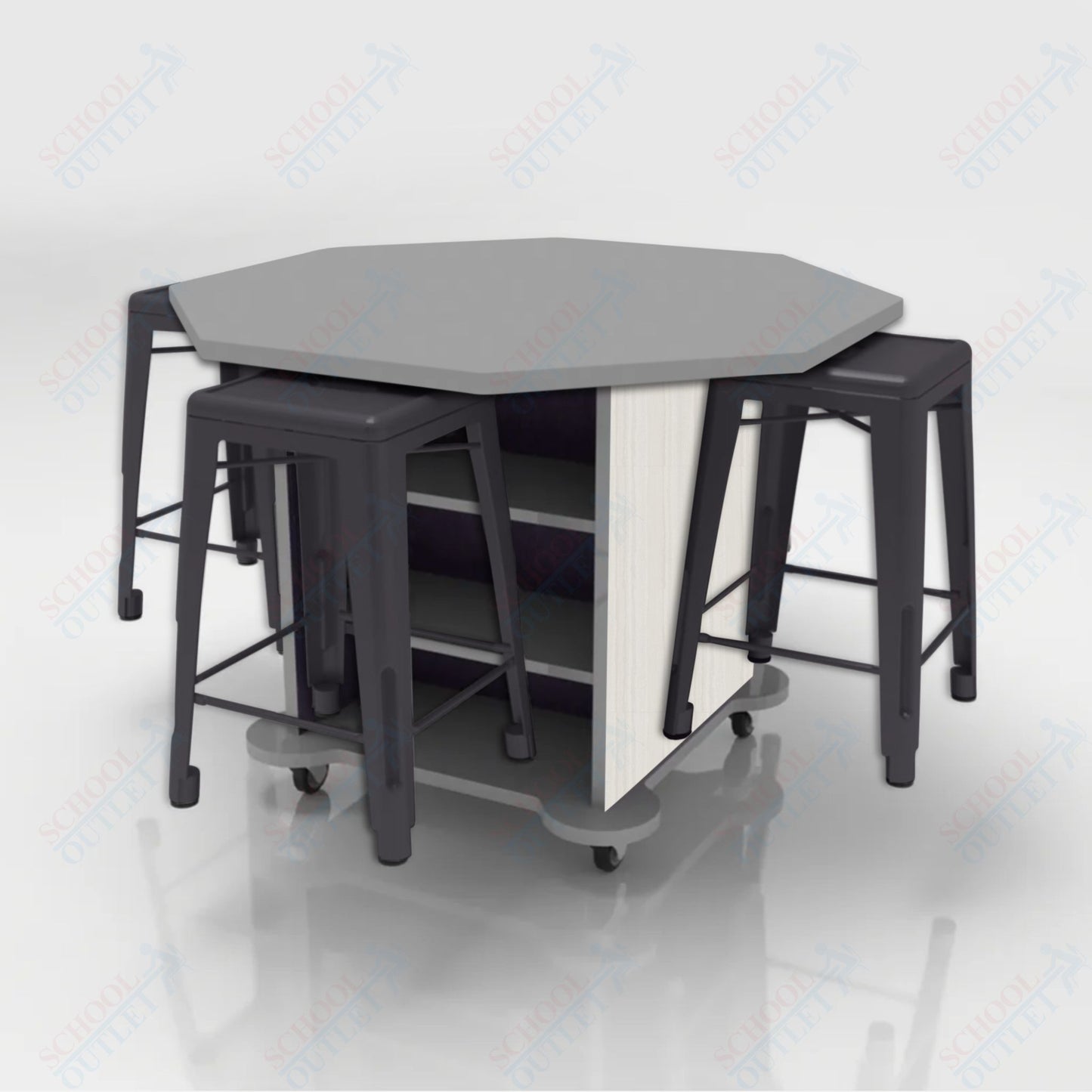 CEF Creation Cube Double-Sided Storage Table - 34"H, High-Pressure Laminate Base and Octagon Top - 4 Metal Stools Included