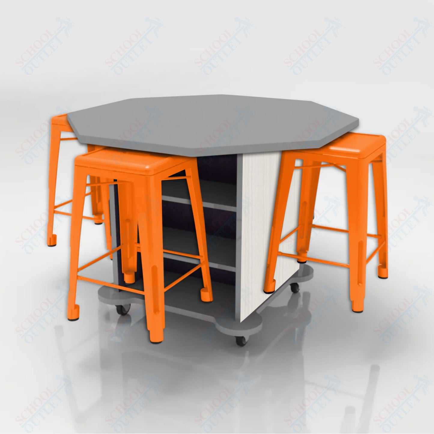 CEF Creation Cube Double-Sided Storage Table - 34"H, High-Pressure Laminate Base and Octagon Top - 4 Metal Stools Included
