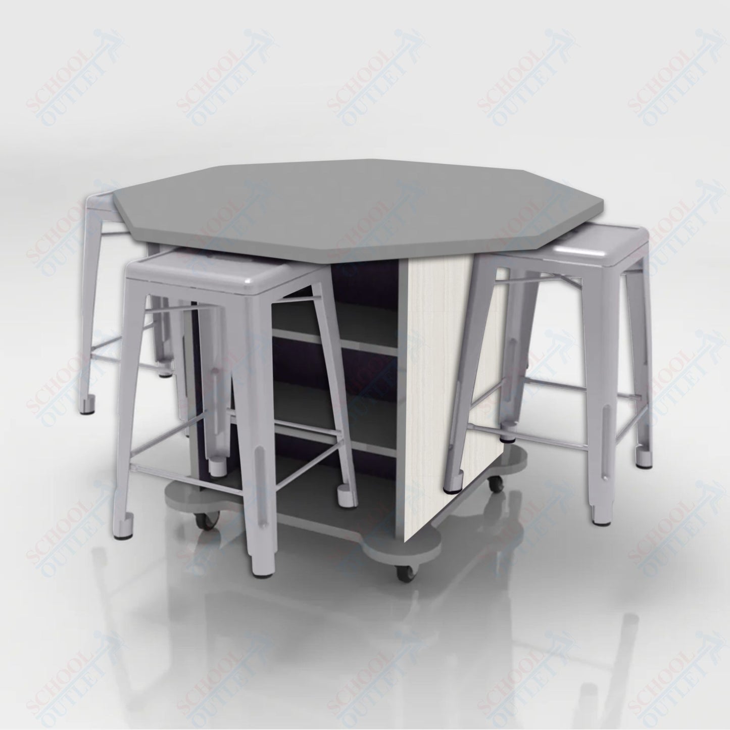 CEF Creation Cube Double-Sided Storage Table - 34"H, High-Pressure Laminate Base and Octagon Top - 4 Metal Stools Included
