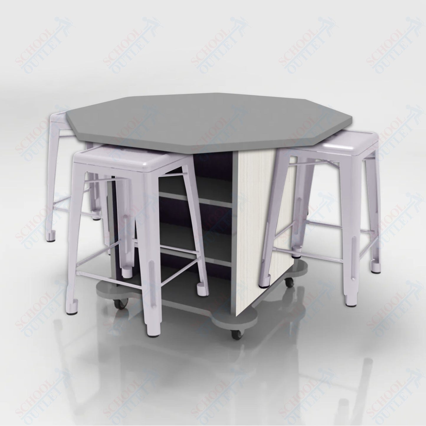 CEF Creation Cube Double-Sided Storage Table - 34"H, High-Pressure Laminate Base and Octagon Top - 4 Metal Stools Included