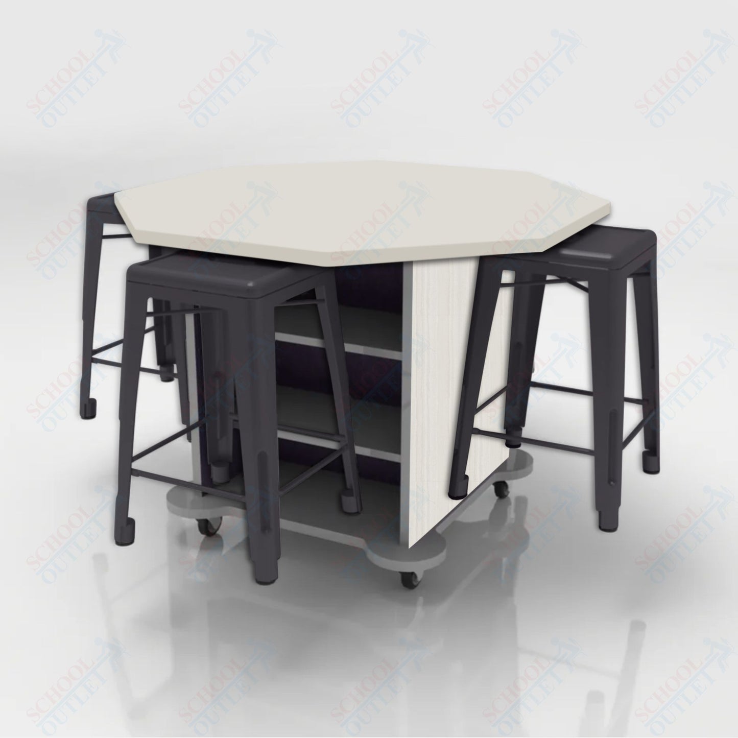 CEF Creation Cube Double-Sided Storage Table - 34"H, High-Pressure Laminate Base and Octagon Top - 4 Metal Stools Included