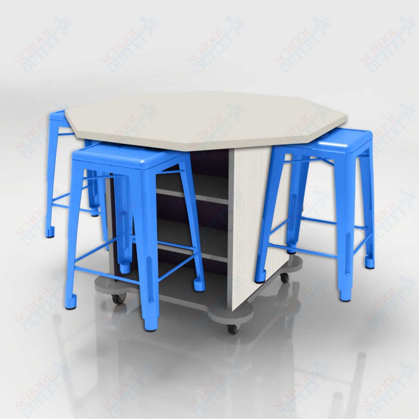 CEF Creation Cube Double-Sided Storage Table - 34"H, High-Pressure Laminate Base and Octagon Top - 4 Metal Stools Included