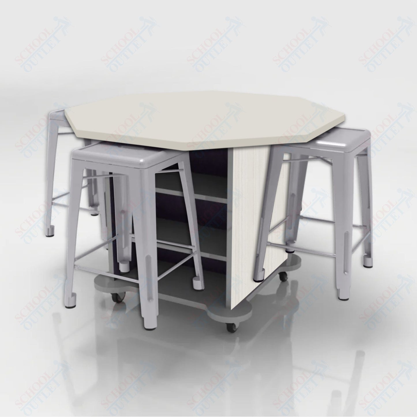 CEF Creation Cube Double-Sided Storage Table - 34"H, High-Pressure Laminate Base and Octagon Top - 4 Metal Stools Included