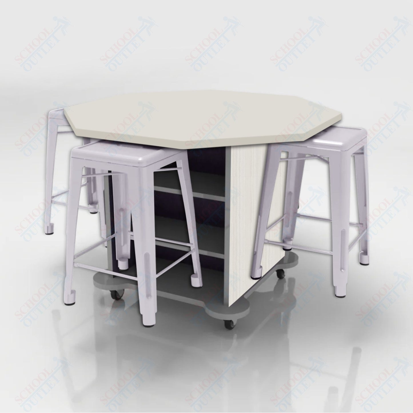 CEF Creation Cube Double-Sided Storage Table - 34"H, High-Pressure Laminate Base and Octagon Top - 4 Metal Stools Included