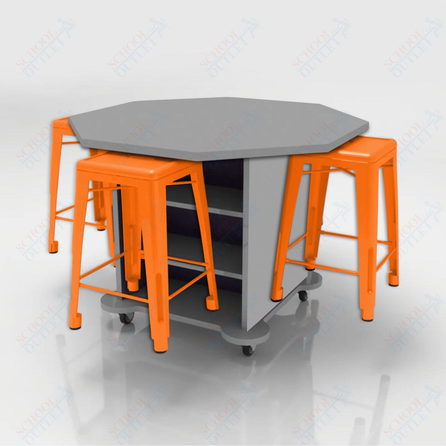 CEF Creation Cube Double-Sided Storage Table - 34"H, High-Pressure Laminate Base and Octagon Top - 4 Metal Stools Included