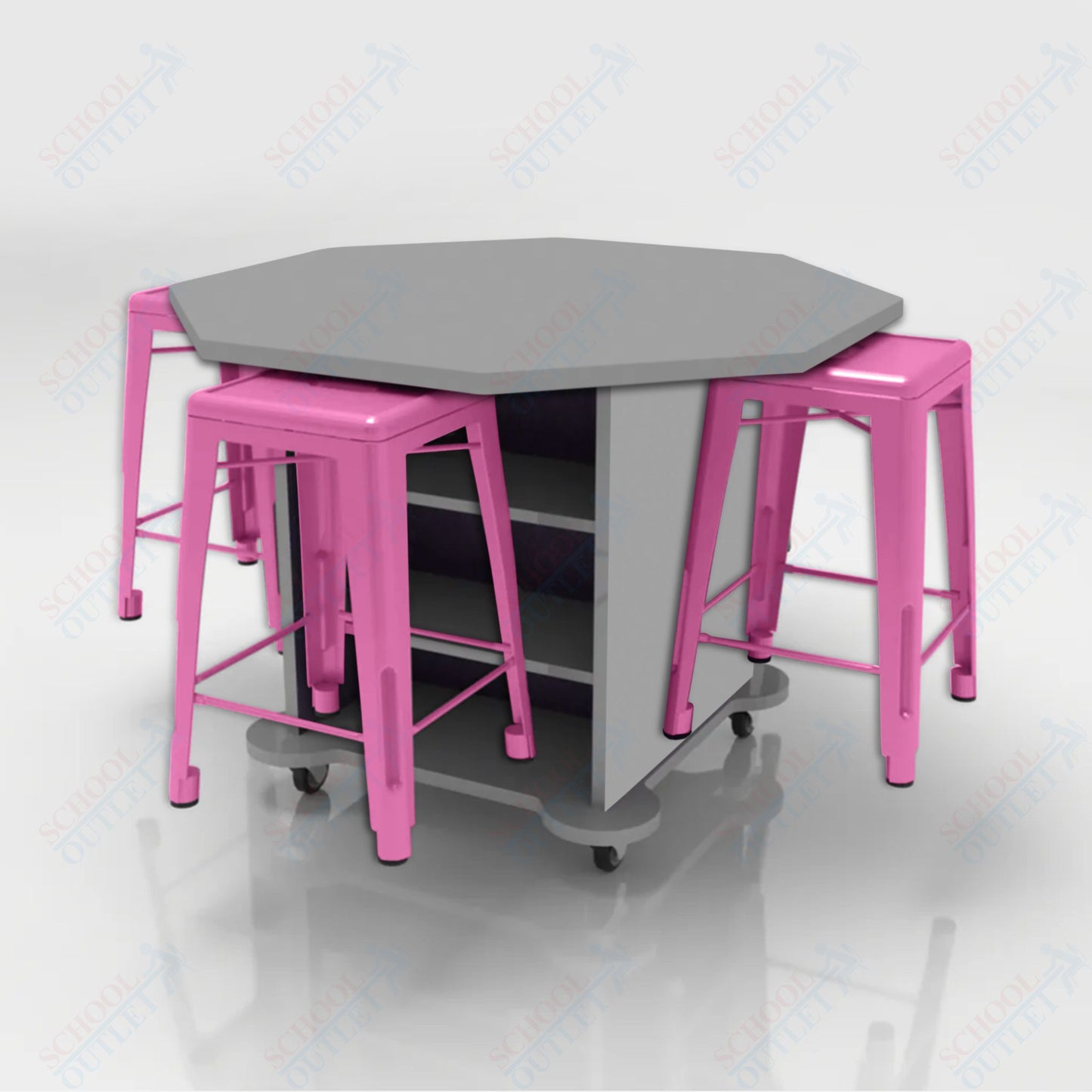 CEF Creation Cube Double-Sided Storage Table - 34"H, High-Pressure Laminate Base and Octagon Top - 4 Metal Stools Included