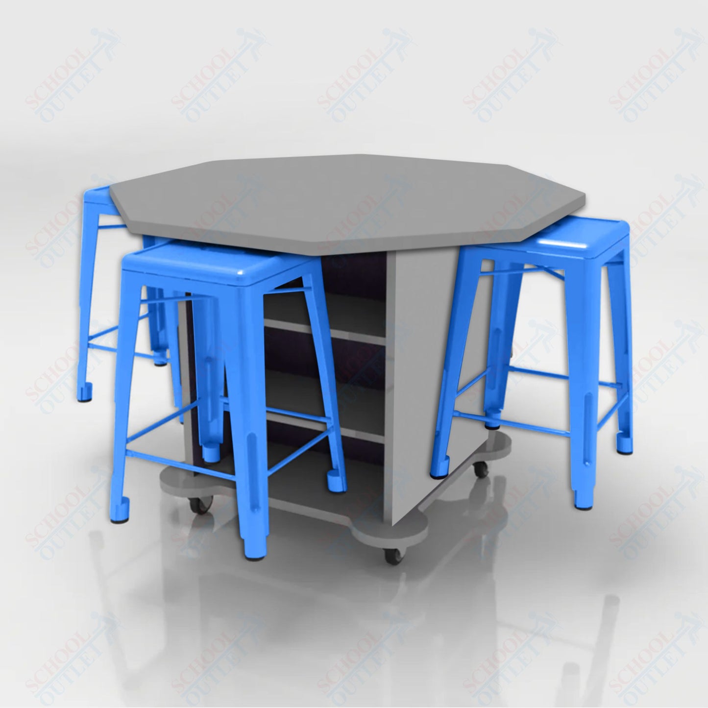CEF Creation Cube Double-Sided Storage Table - 34"H, High-Pressure Laminate Base and Octagon Top - 4 Metal Stools Included