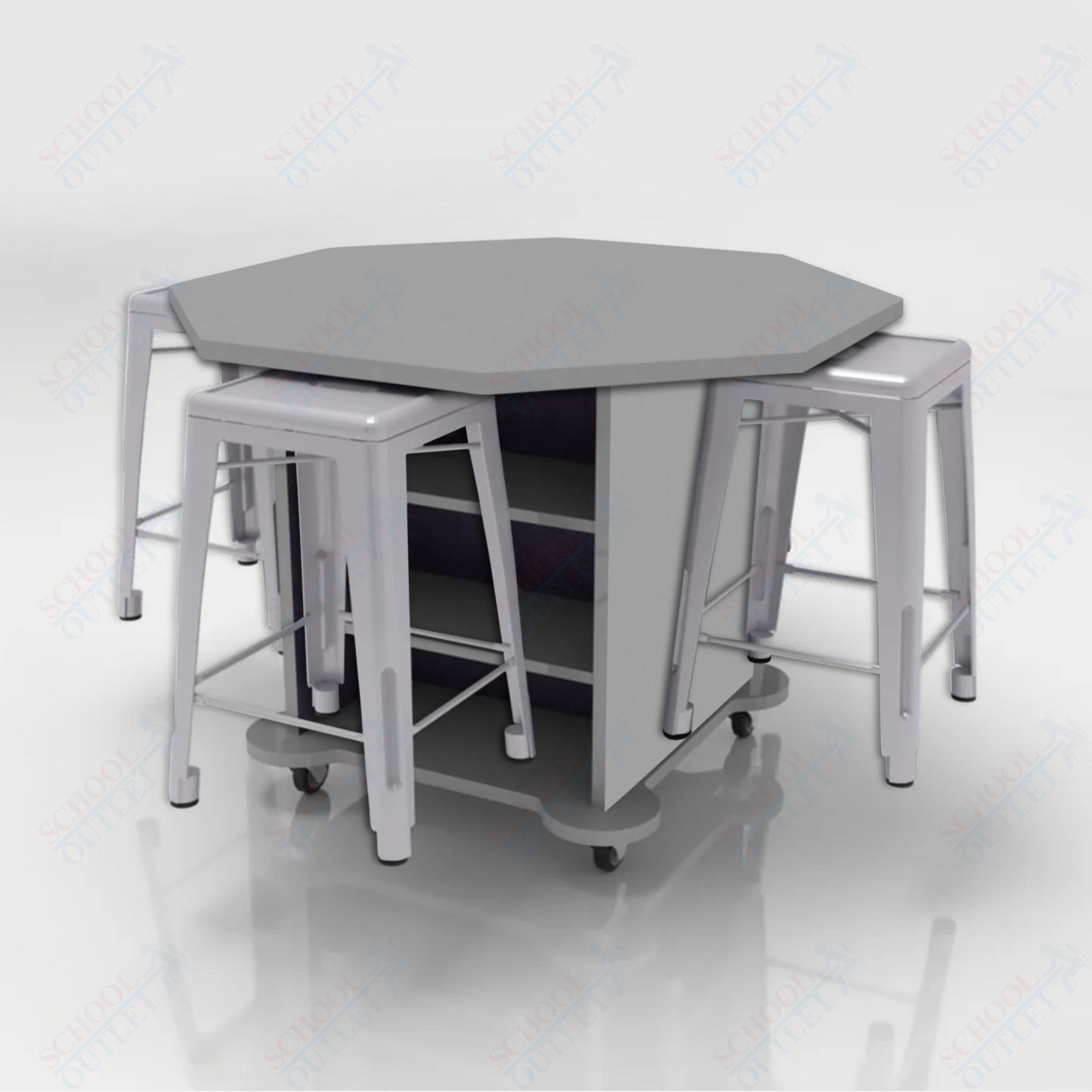 CEF Creation Cube Double-Sided Storage Table - 34"H, High-Pressure Laminate Base and Octagon Top - 4 Metal Stools Included