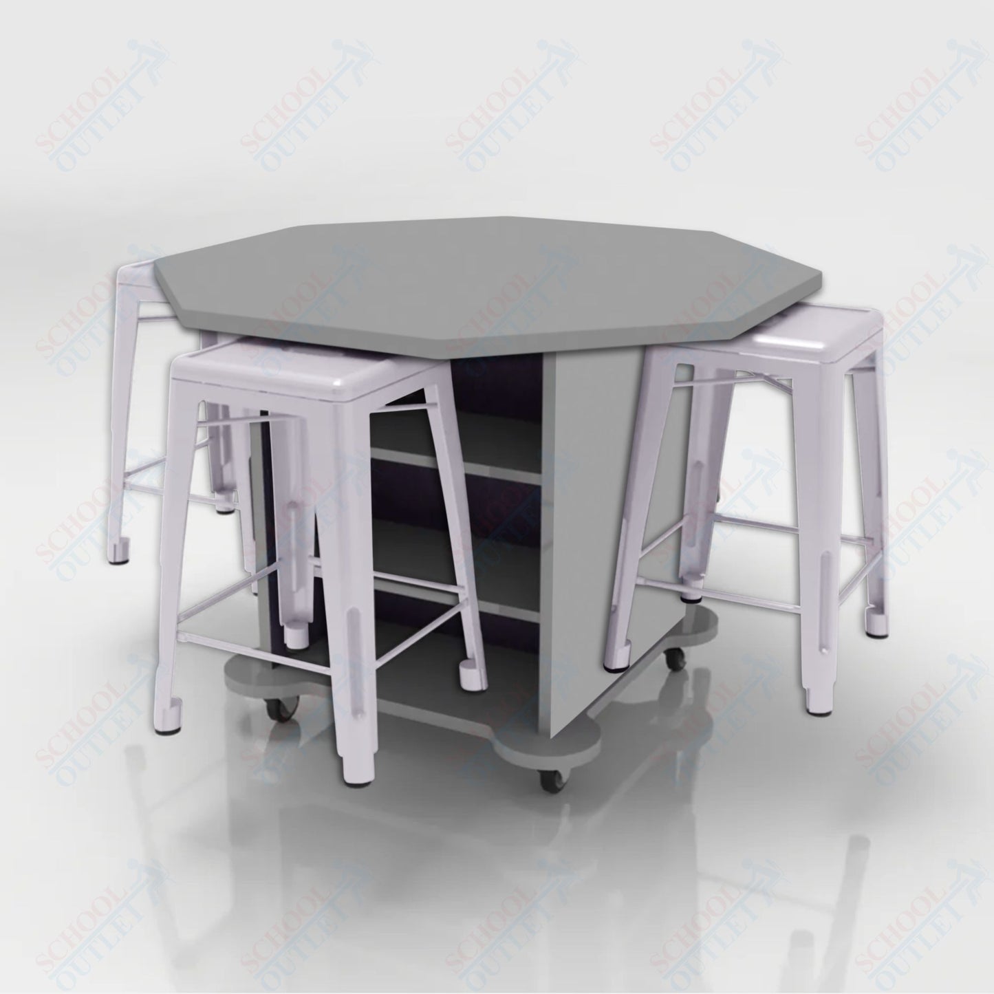 CEF Creation Cube Double-Sided Storage Table - 34"H, High-Pressure Laminate Base and Octagon Top - 4 Metal Stools Included