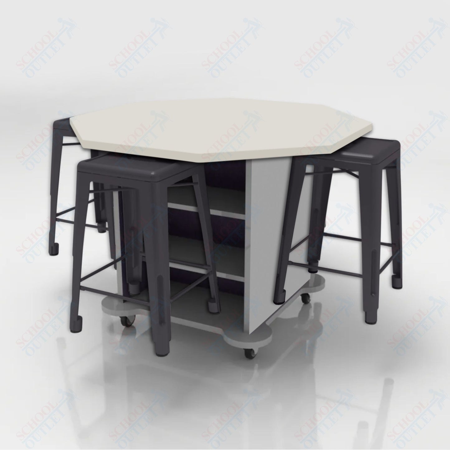 CEF Creation Cube Double-Sided Storage Table - 34"H, High-Pressure Laminate Base and Octagon Top - 4 Metal Stools Included