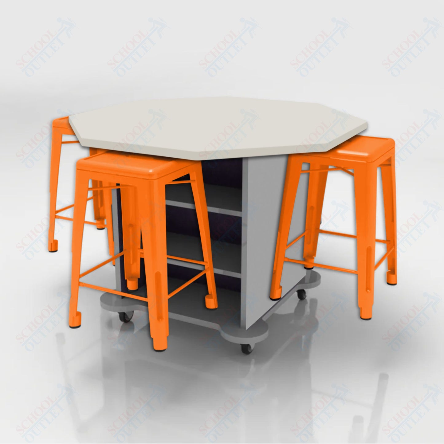 CEF Creation Cube Double-Sided Storage Table - 34"H, High-Pressure Laminate Base and Octagon Top - 4 Metal Stools Included