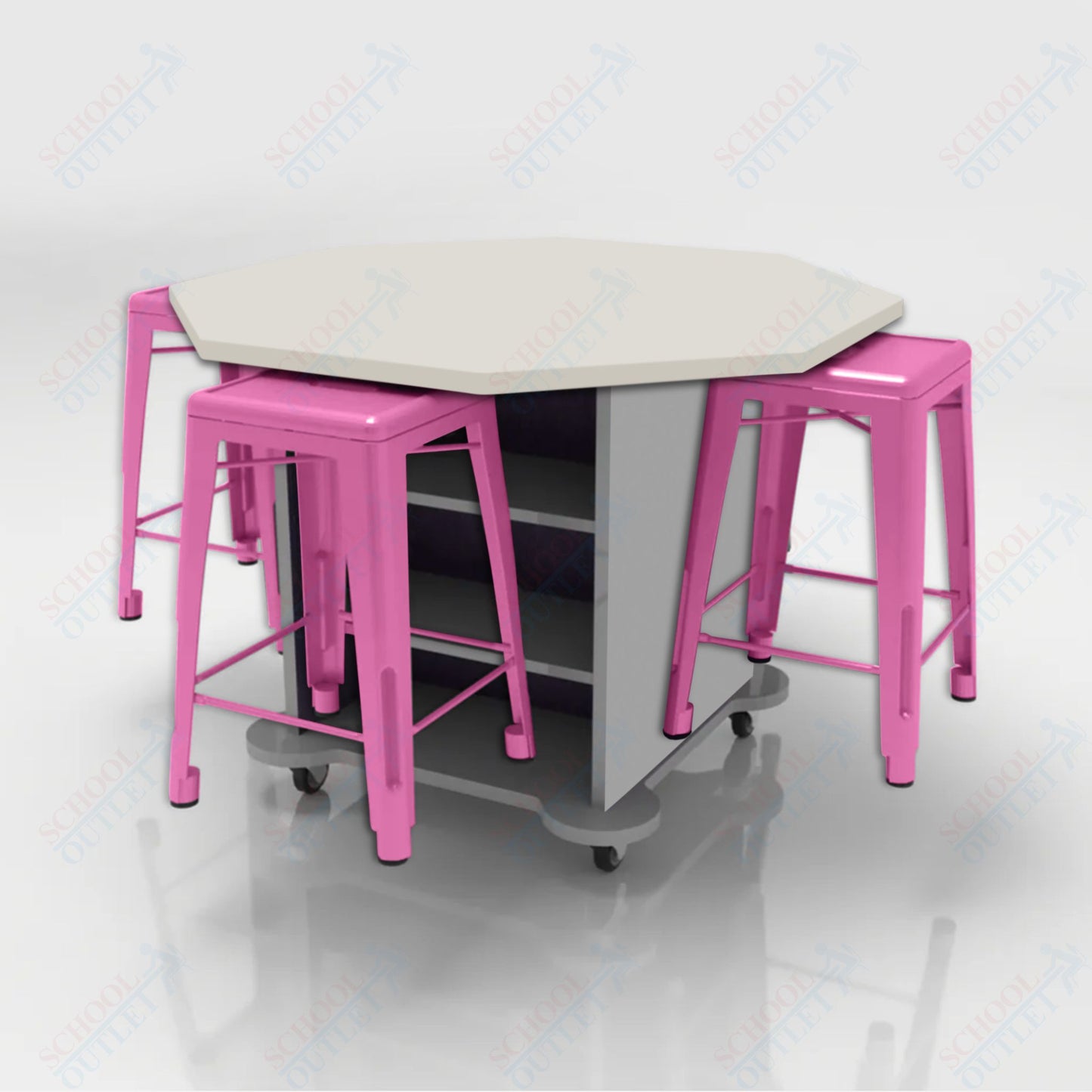 CEF Creation Cube Double-Sided Storage Table - 34"H, High-Pressure Laminate Base and Octagon Top - 4 Metal Stools Included