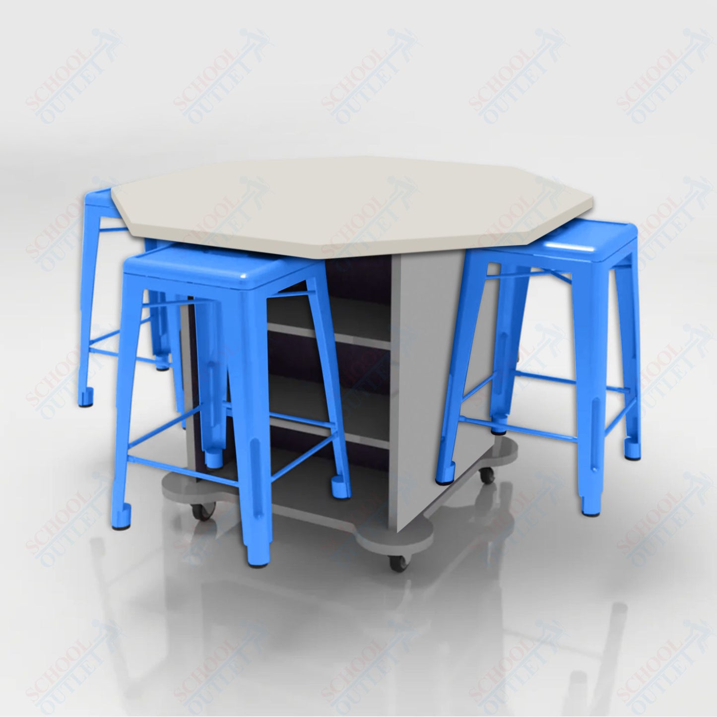 CEF Creation Cube Double-Sided Storage Table - 34"H, High-Pressure Laminate Base and Octagon Top - 4 Metal Stools Included