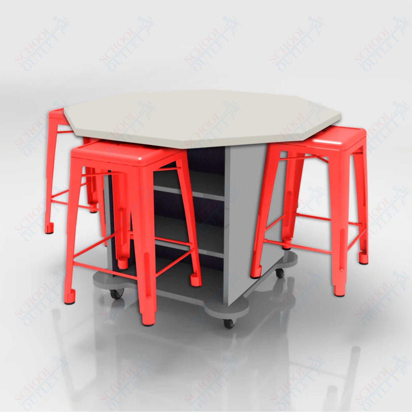 CEF Creation Cube Double-Sided Storage Table - 34"H, High-Pressure Laminate Base and Octagon Top - 4 Metal Stools Included